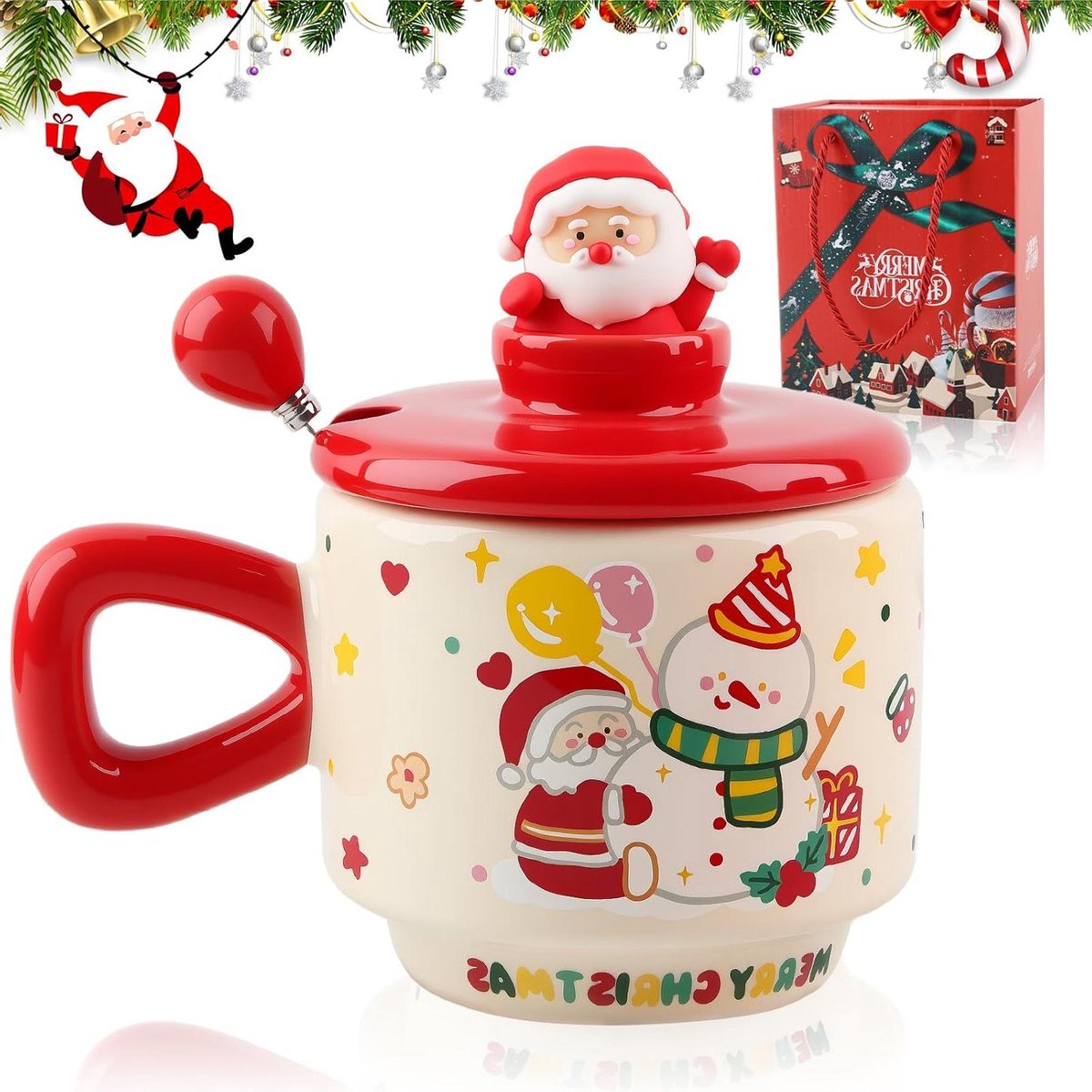 Keramische Mok - Kerstmok Koffiebeker - Warme Dranken Drinken - Kerstboomvorm - 75 x 75 x 85 cm - Rood Wit