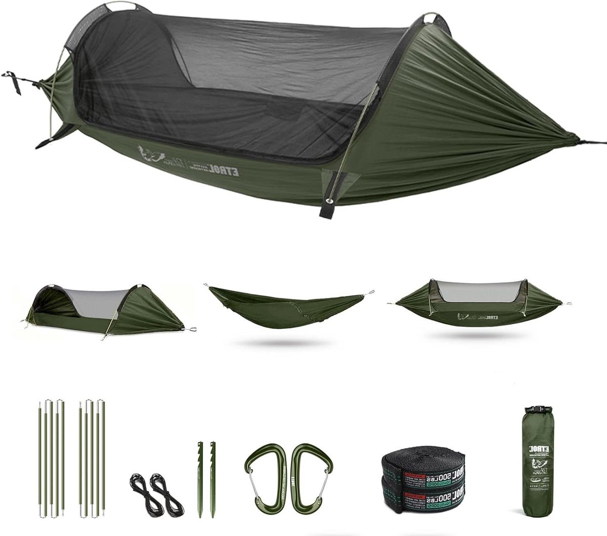 Hangmat met muggennet - Kampeerhangmat Reishangmat - Kamperen en Reizen - 3-in-1 Multifunctioneel - 290 x 140 cm - Olijfgroen