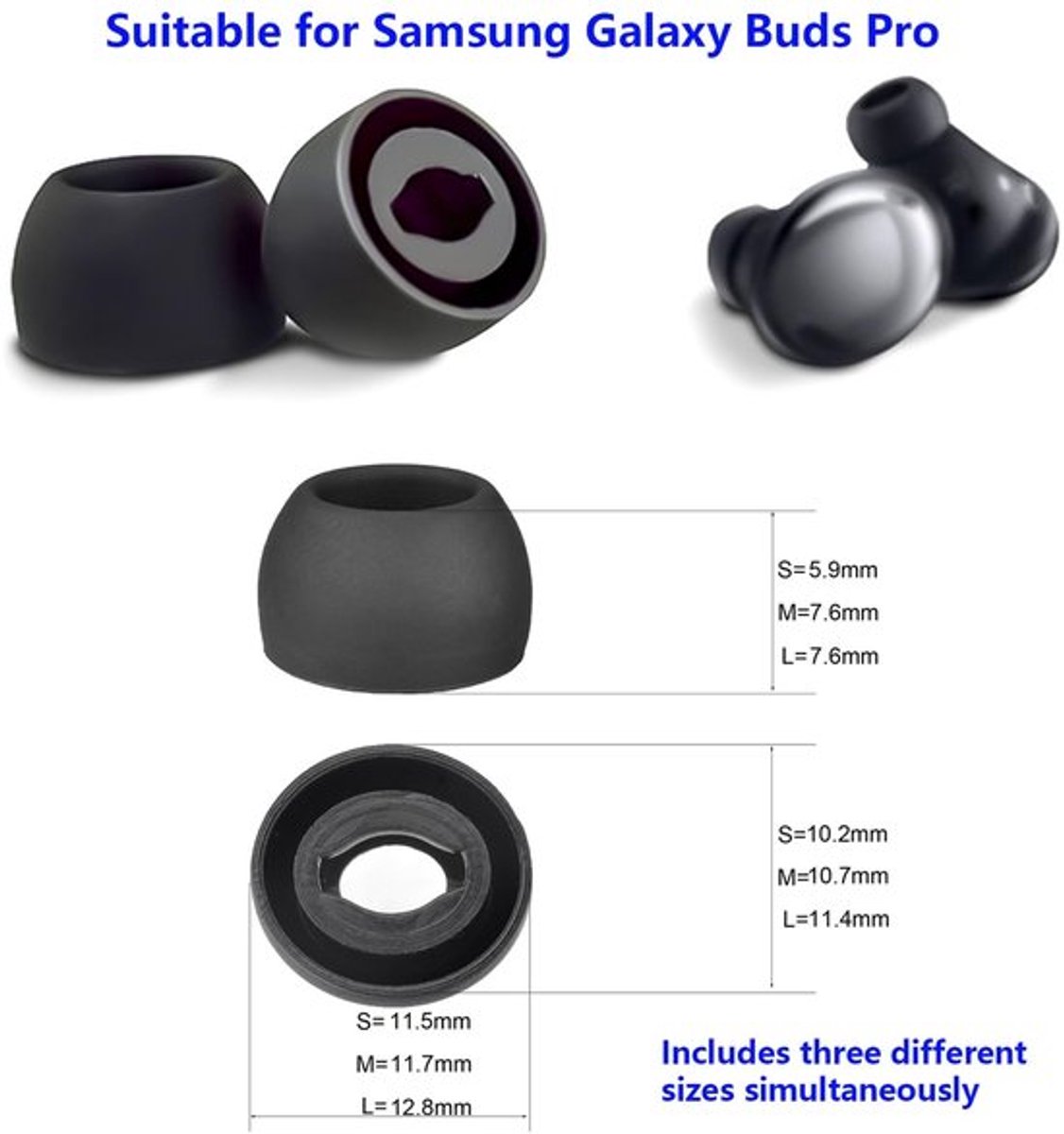 Siliconen oordopjes zwart, 3 maten, Samsung Galaxy Buds Pro