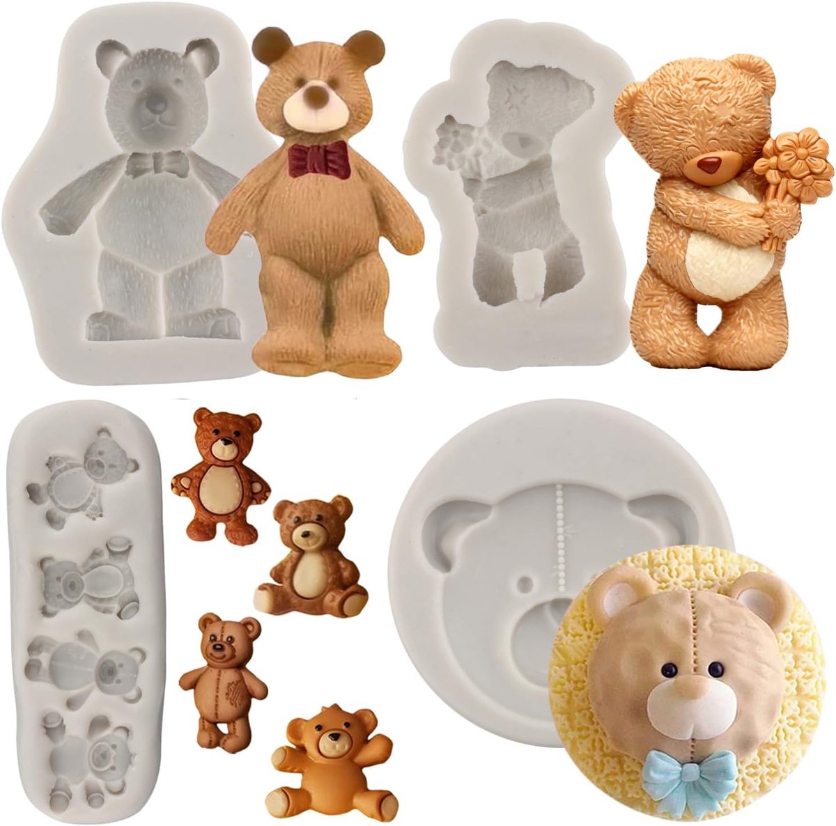 Siliconen Mal, Teddybeer, Fondant Mallen voor Cake Decoratie Gum Paste Cupcake Topper Snoep Chocolade Polymeer Klei Set van 4