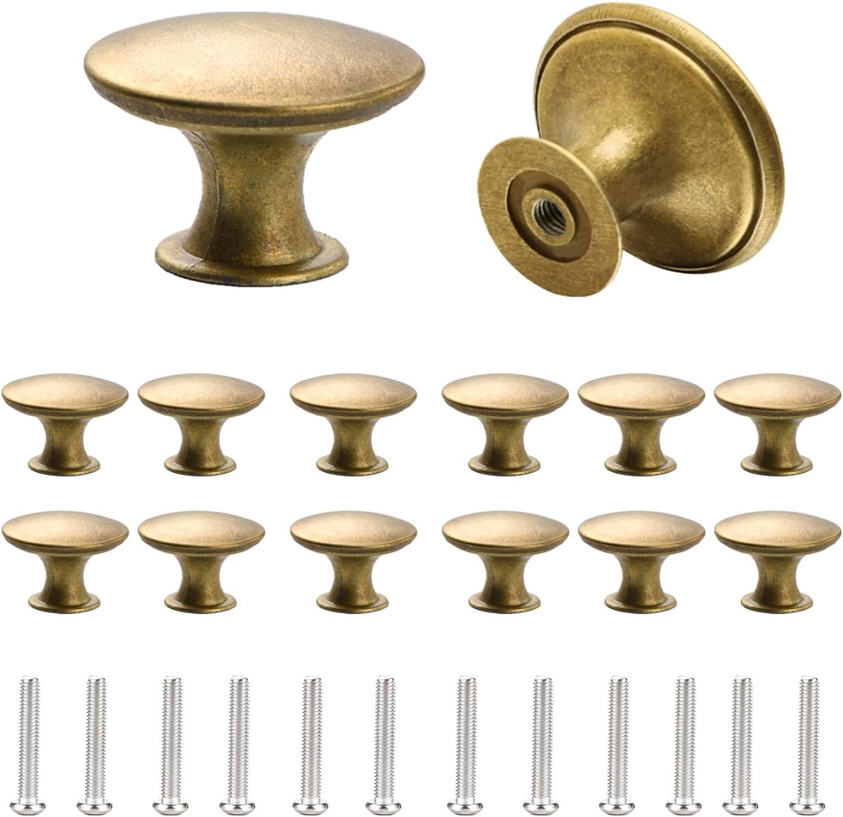 12 Stks Vintage Kast Knoppen, 30mm Ronde Kastdeurknoppen, Antieke Messing Deurknoppen met Bijpassende Schroeven voor Kast, Lade, Kledingkast, Keuken