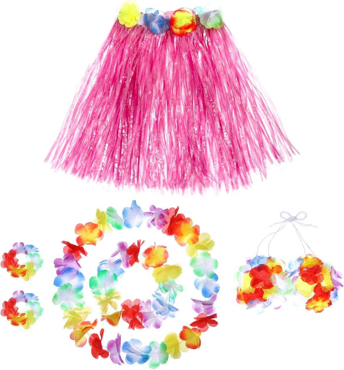 Hawaiiaanse hoeladanseres grasrok met bloemenkostuumset voor verjaardag, tropisch strandfeestdecoraties, 40 cm, 6 stuks