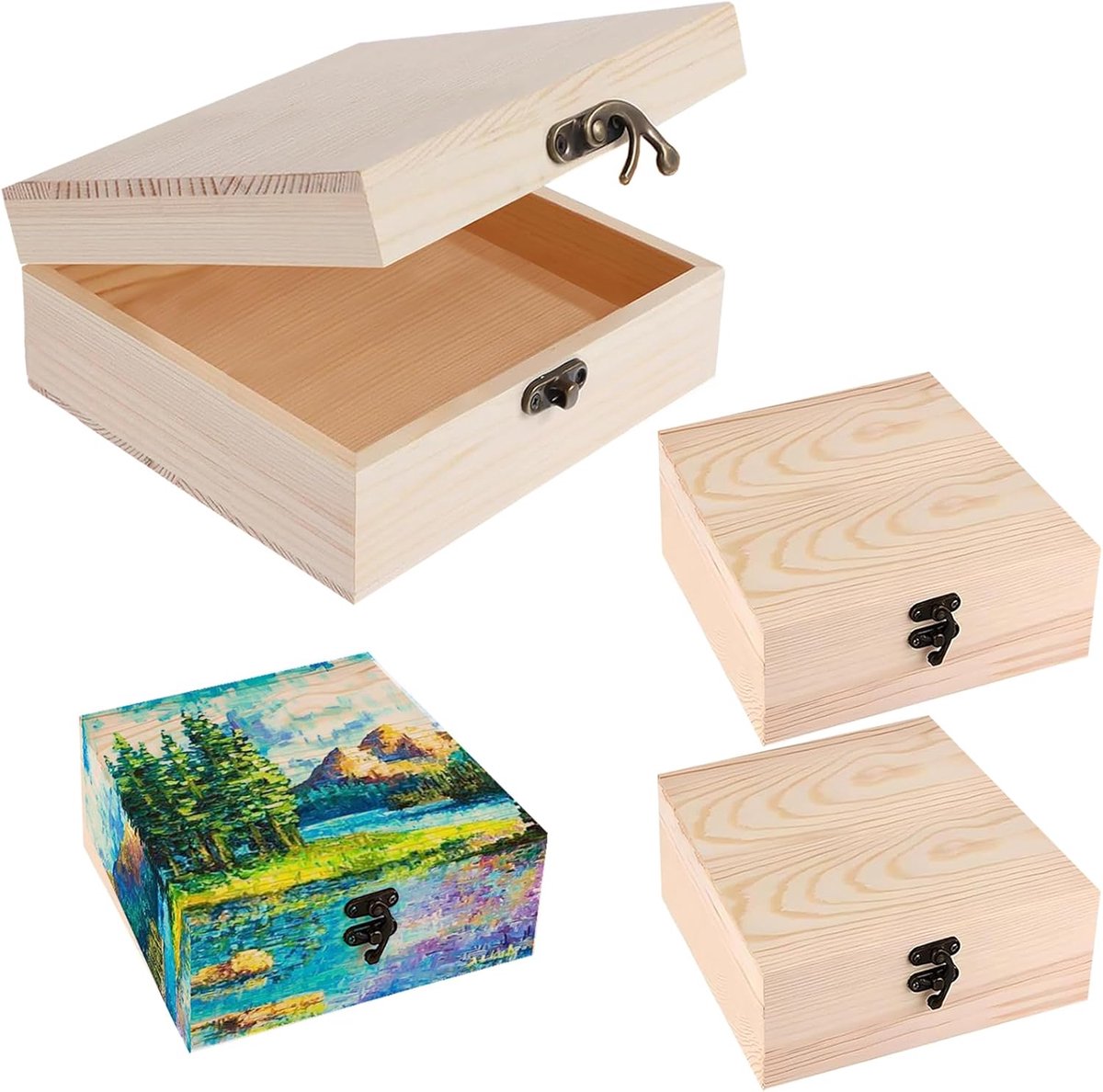 4 Stuks Houten Kist Met Deksel, Natuurlijk Behandelde Kleine Houten Kist, Houten Box Met Deksel En Sluiting, Schatkist Van Hout Voor Schilderen, Bekleven, DIY-Kunst/Knutselwerk (S 10 * 10 * 5)