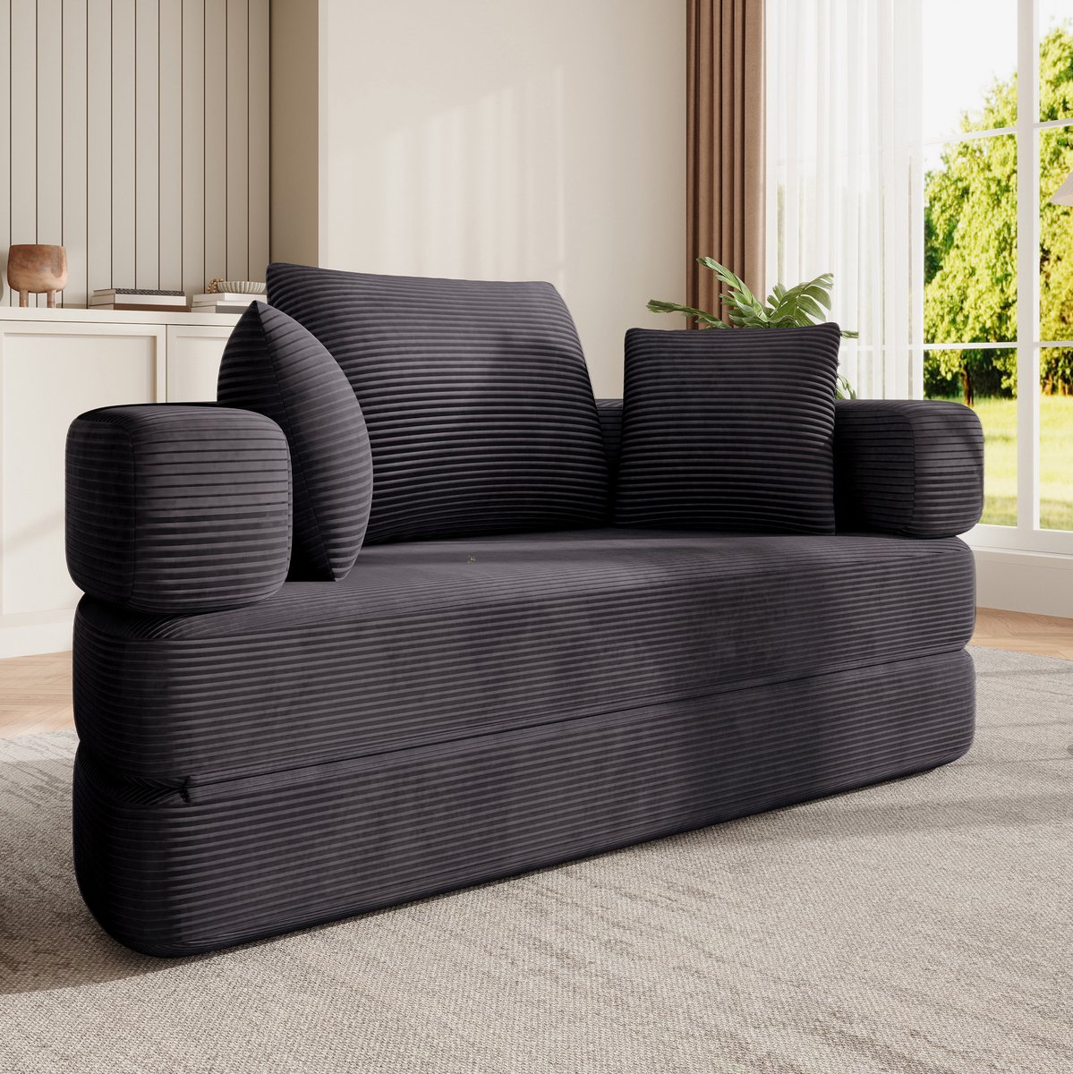 FloraGrace Slaapbank 173 x 176 cm - 2-in-1 Opvouwbare Bank Met Bedfunctie En 3 Kussens - Voor Appartement, Woonkamer Of Slaapkamer - Cordstof - Zwart