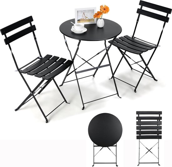 Bistroset 3-Delig - Balkonmeubelset Tuinset - Buiten Zitten - Inklapbaar Geen Montage - 59.5 x 59.5 x 72 cm - Zwart — foto 1