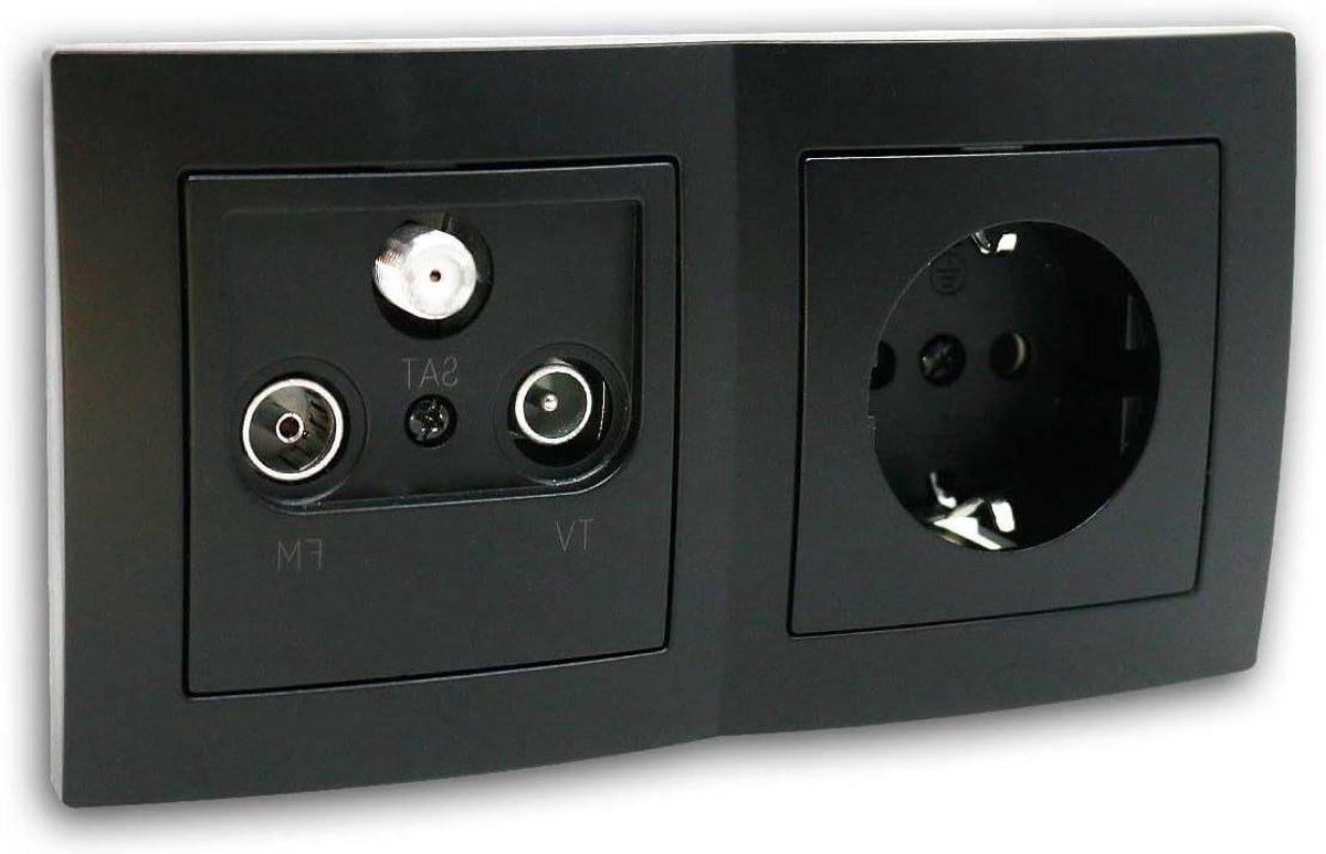 Combinatie Stopcontact Antenne - Wandcontactdoos TV Radio - Aansluiten Televisie - Inbouw Dubbel Frame - 15 x 8 cm - Zwart
