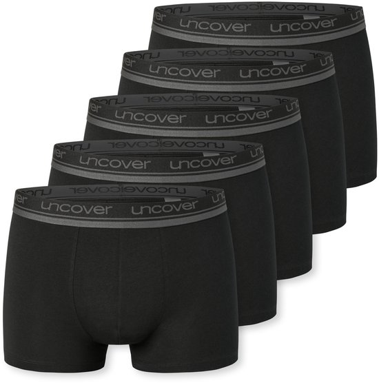 Vijf zwarte boxershorts van Uncover met grijze tailleband met logo.