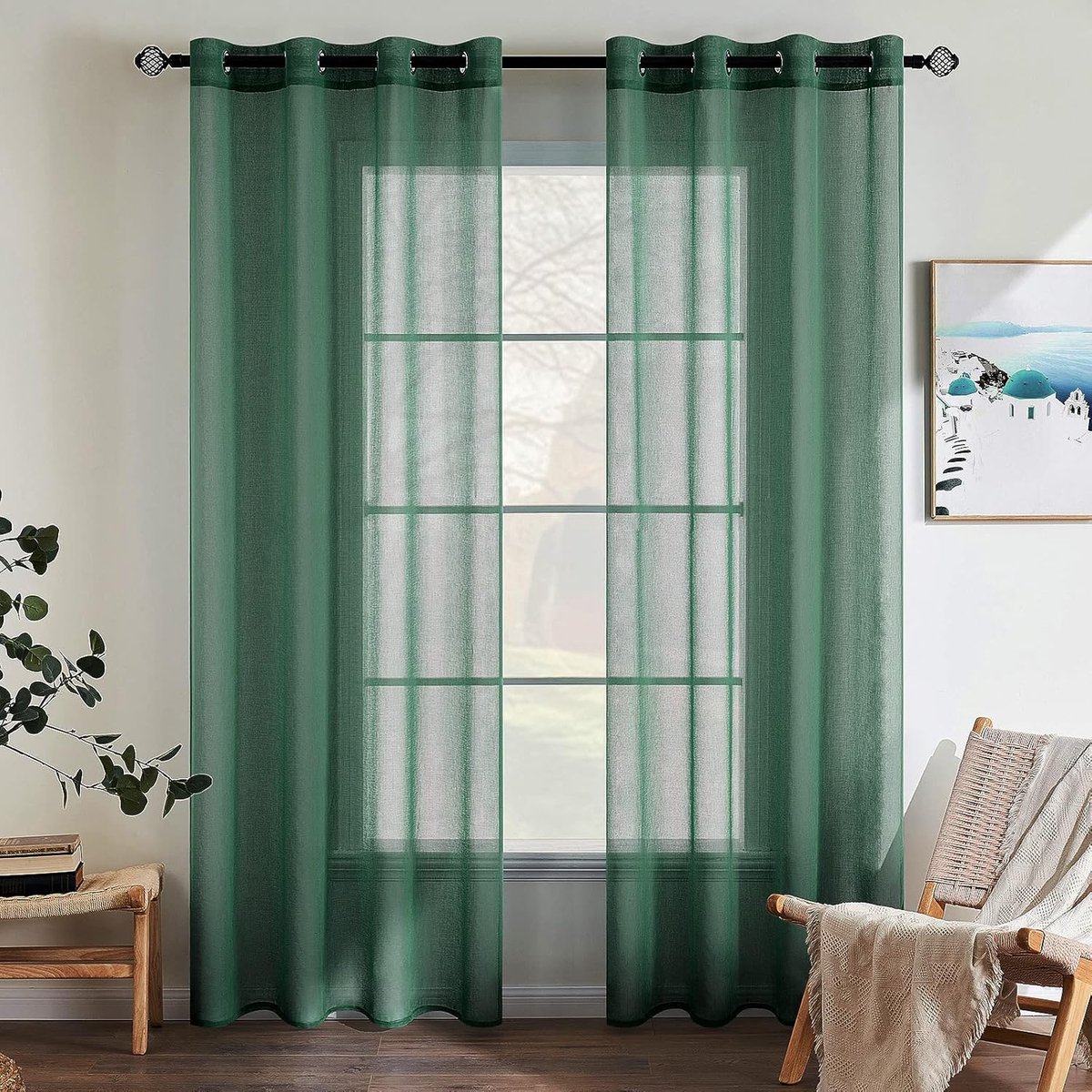 Set van 2 transparante vitrage met ingestanste ringen, polyester, gordijn met ogen, transparant, voor de woonkamer, luchtig, decoratief, voor de slaapkamer, 140 x 245 cm (b x h), donkergroen