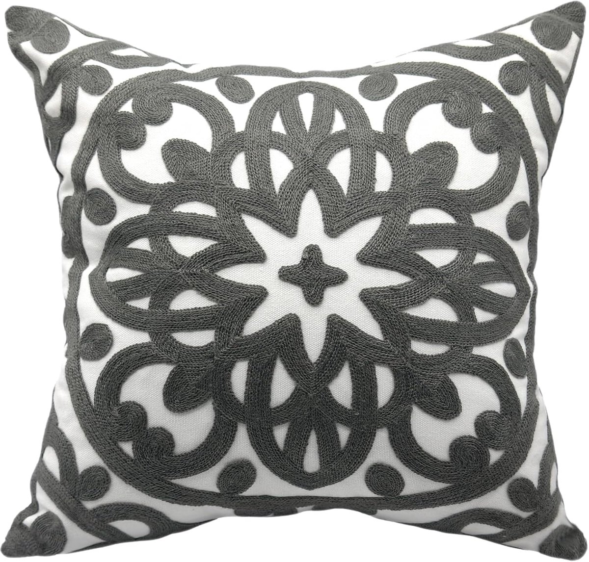 Geborduurde Sierkussenhoes - Katoenen Kussensloop - Woonkamer Decoratie - Mandala Borduurpatroon - 45 x 45 cm - Grijs