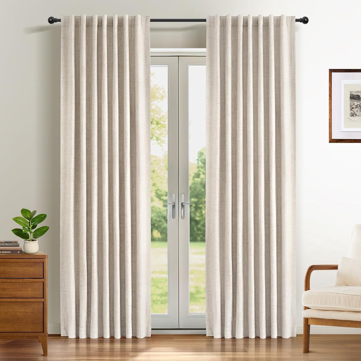 100% Verduisterende Gordijnen 2 Stuks, Linnenlook Gordijnen Thermisch Gordijn Koudewerende Ondoorzichtige Gordijnen, Crème Gordijnen voor Woonkamer Slaapkamer, H 245 x B 140 cm