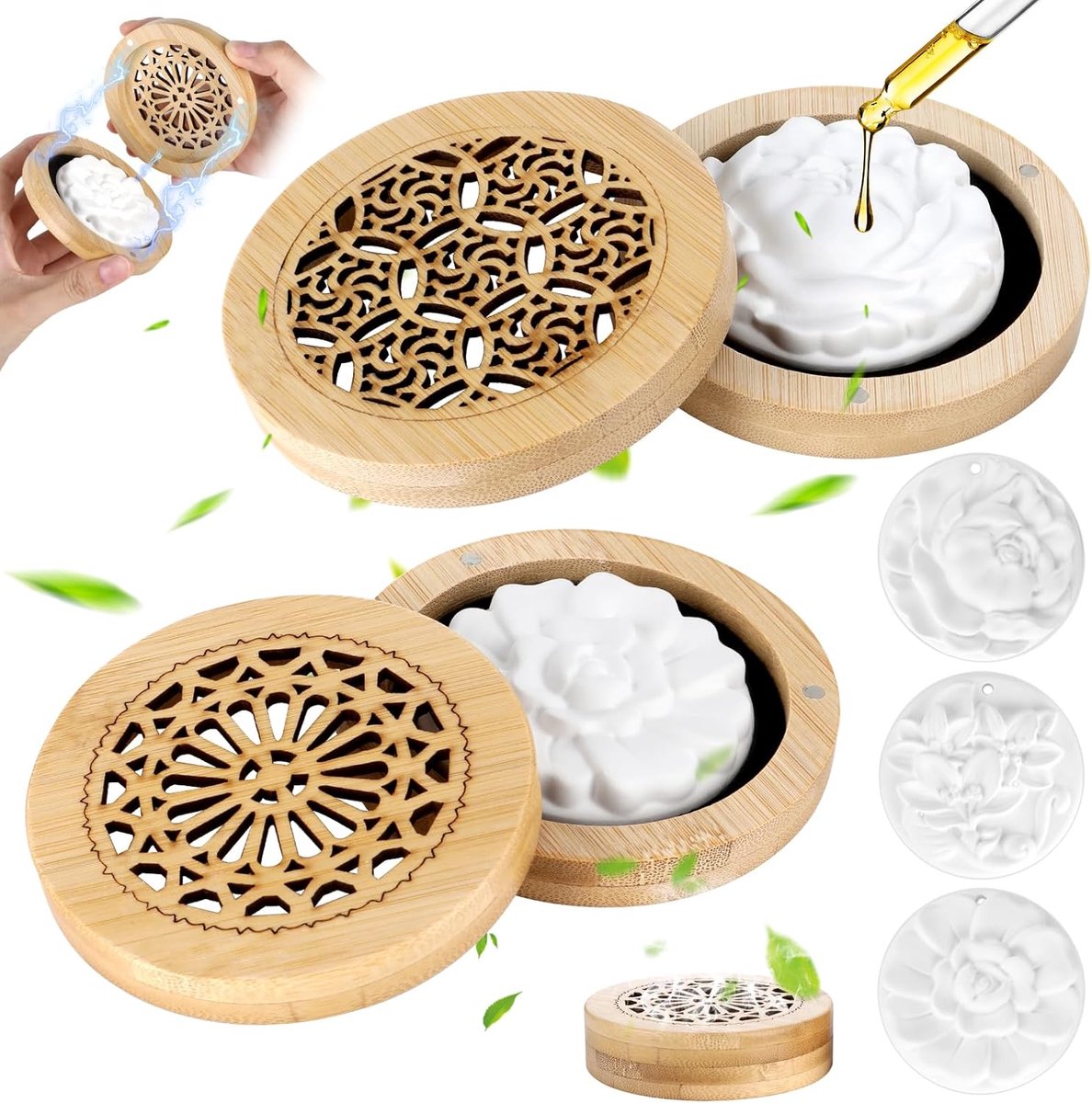 3 stuks diffuser voor etherische oliën van gips, diffuser voor etherische olie, geurdiffuser met 2 geurdozen voor slaapkamer, badkamer, kantoor