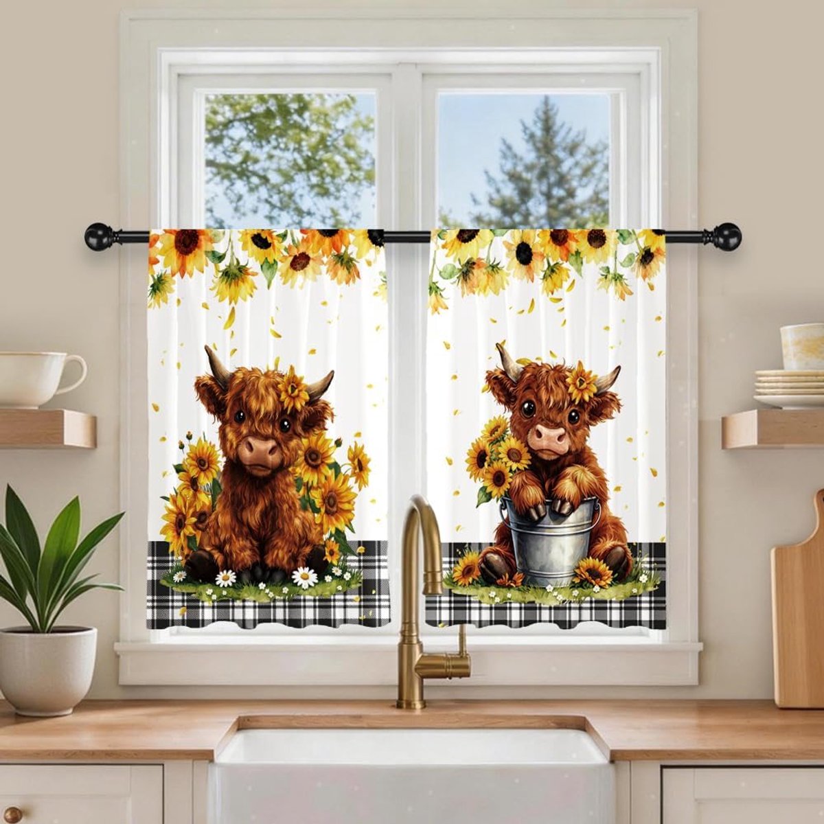 Zonnebloem Bedrukt Polyester Korte Keukengordijnen 70 x 91 cm Roedezak Boerderij Dier Gordijnen Kleine Decoratieve Raamgordijnen Voor Badkamer Woonkamer Camper 2 Panelen
