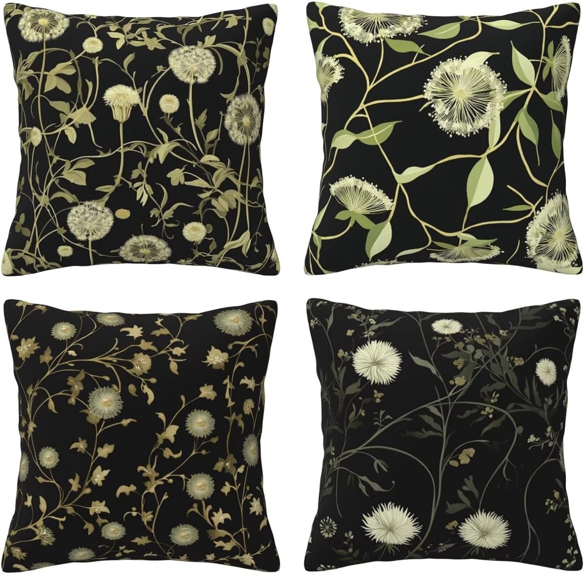 Kussenslopen van 65 x 65 cm, set van 4 stuks, zachte kussenslopen met onzichtbare rits, voor slaapbank, woondecoratie, zwarte achtergrond met groene planten, set van 4 kussenslopen 26 x 26 inch U4151