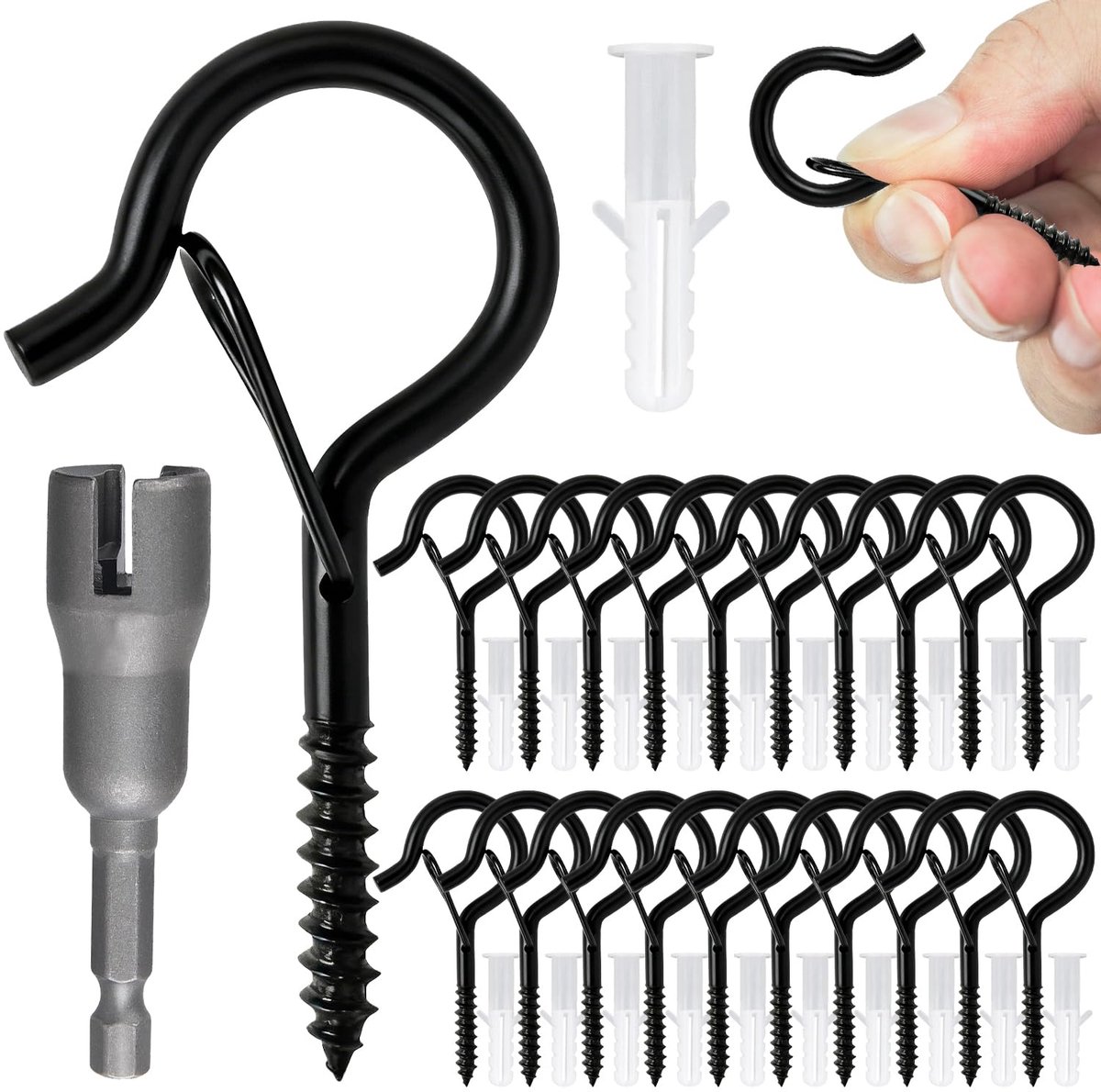 Schroefhaken, haken met sluiting voor wandbevestiging, ideaal voor lichtslingers, planten, vogelvoeders, mokken, met veiligheidssluiting (Zwart)