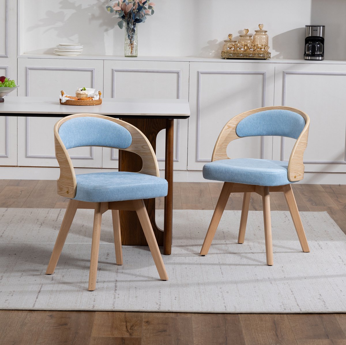 DESMIU Eetkamerstoel 44 Bij 41 Bij 75 Cm - Set Van 2 Draaibare Stoelen Met Armleuning - Voor Eetkamer, Keuken En Woonkamer - Hout En Stof - Blauw