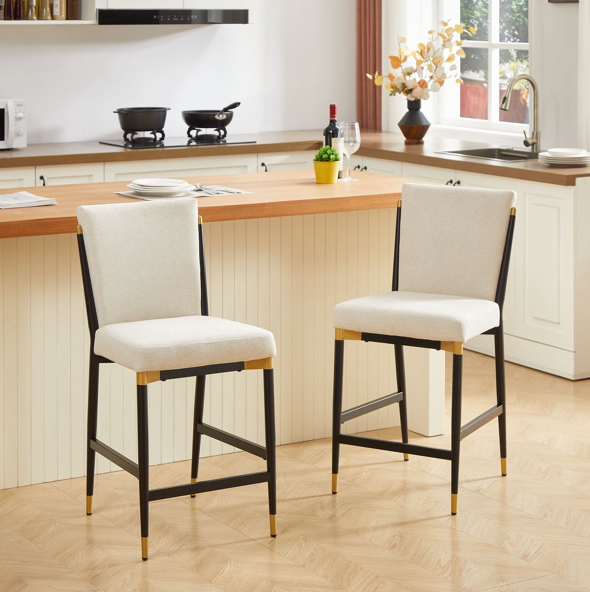 DESMIU Barkruk 49 x 59 x 102 Cm - Set Van 2 Met Rugleuning En Rechthoekige Voetsteun - Voor Keukeneiland En Bar - Stof Beige