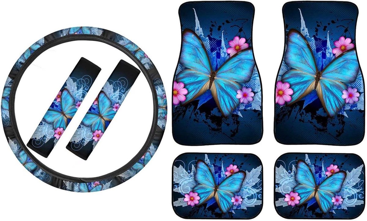 Auto Vloermatten Set - Autobekleding Decoratie - Auto Interieur Beschermen - Vlinder Design Print - 7 Delig Pakket - Blauw
