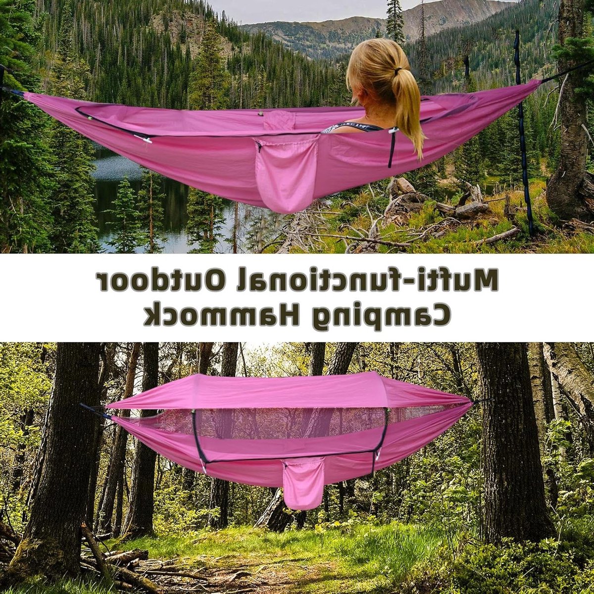 Kampeerhangmat - Outdoor hangmat Reishangmat - Ontspannen in de natuur - 3-in-1 met muskietennet - 290 x 140 cm - Roze