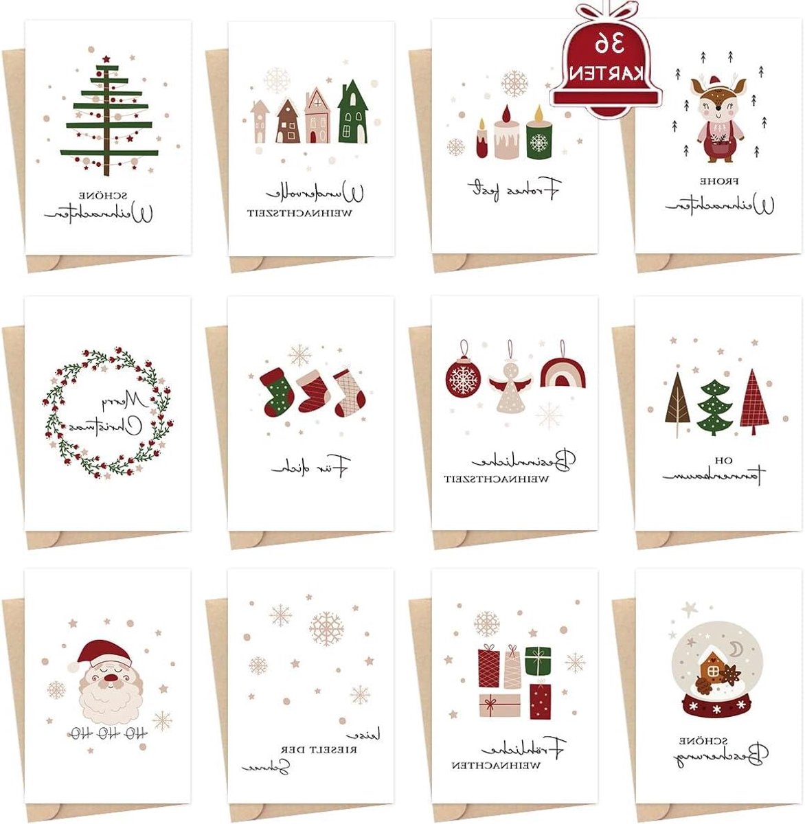 Kerstkaarten met Enveloppen - Kerstkaarten set - Wensen Versturen - Moderne Stijl Ontwerpen - A6 Formaat - Diverse Kerstkleuren