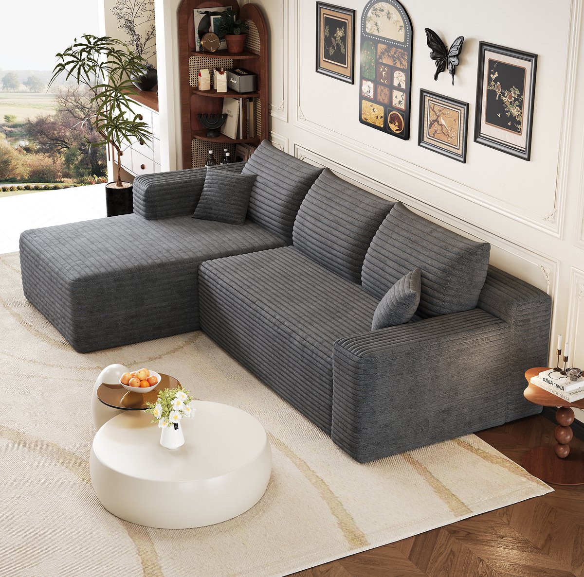 FloraGrace Hoekbank 241 cm - Reversibele Chaise Longue, Zonder Montage & Diepe Zit - Voor Woonkamer of Slaapkamer - Corduroy Stof - Donkergrijs