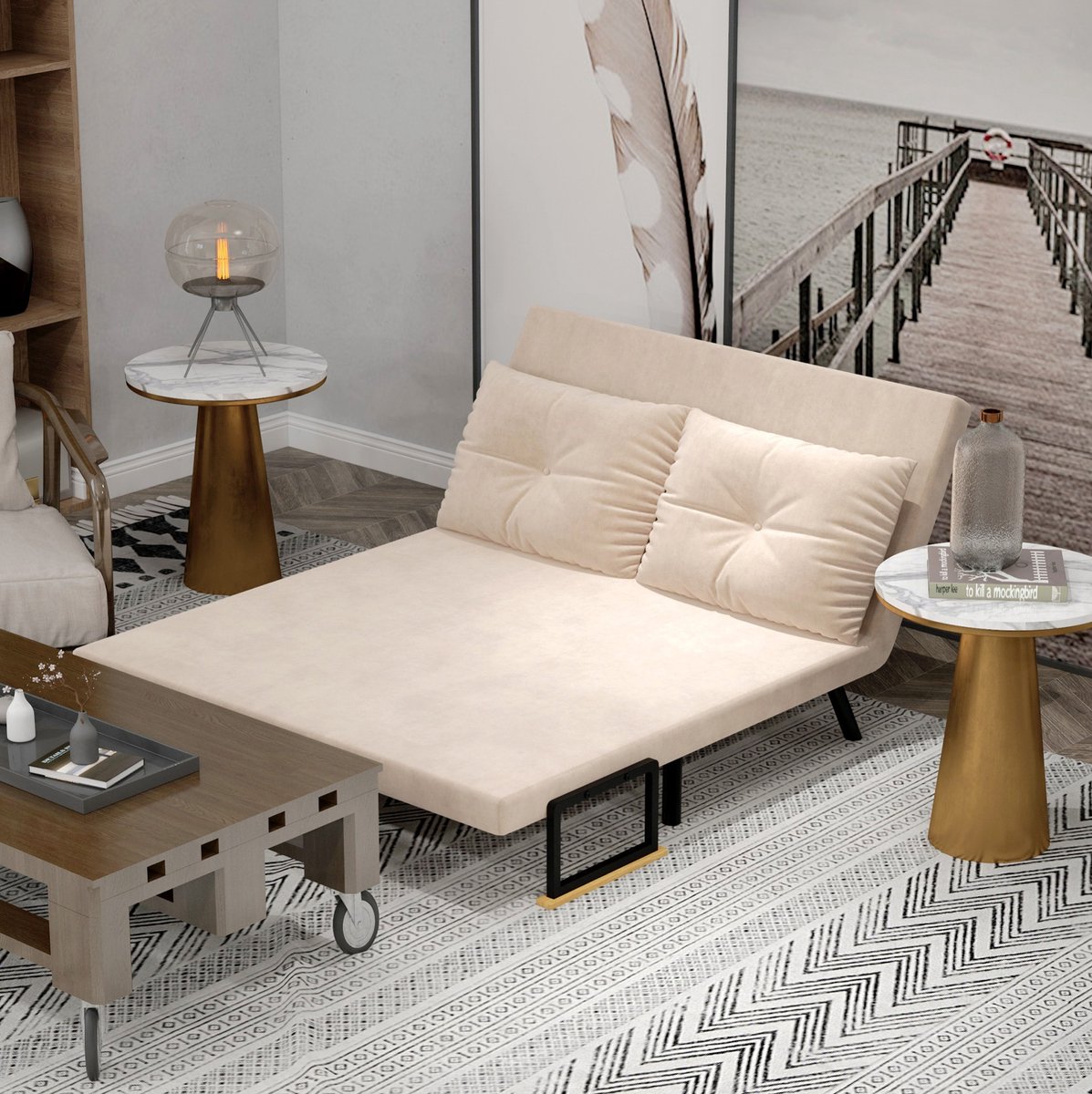 HAUSS SPOLE Fauteuil - Slaapfauteuil Met Bedfunctie - Verstelbare Rugleuning En Klapfunctie - Voor Woonkamer En Logeerkamer - Stof Beige