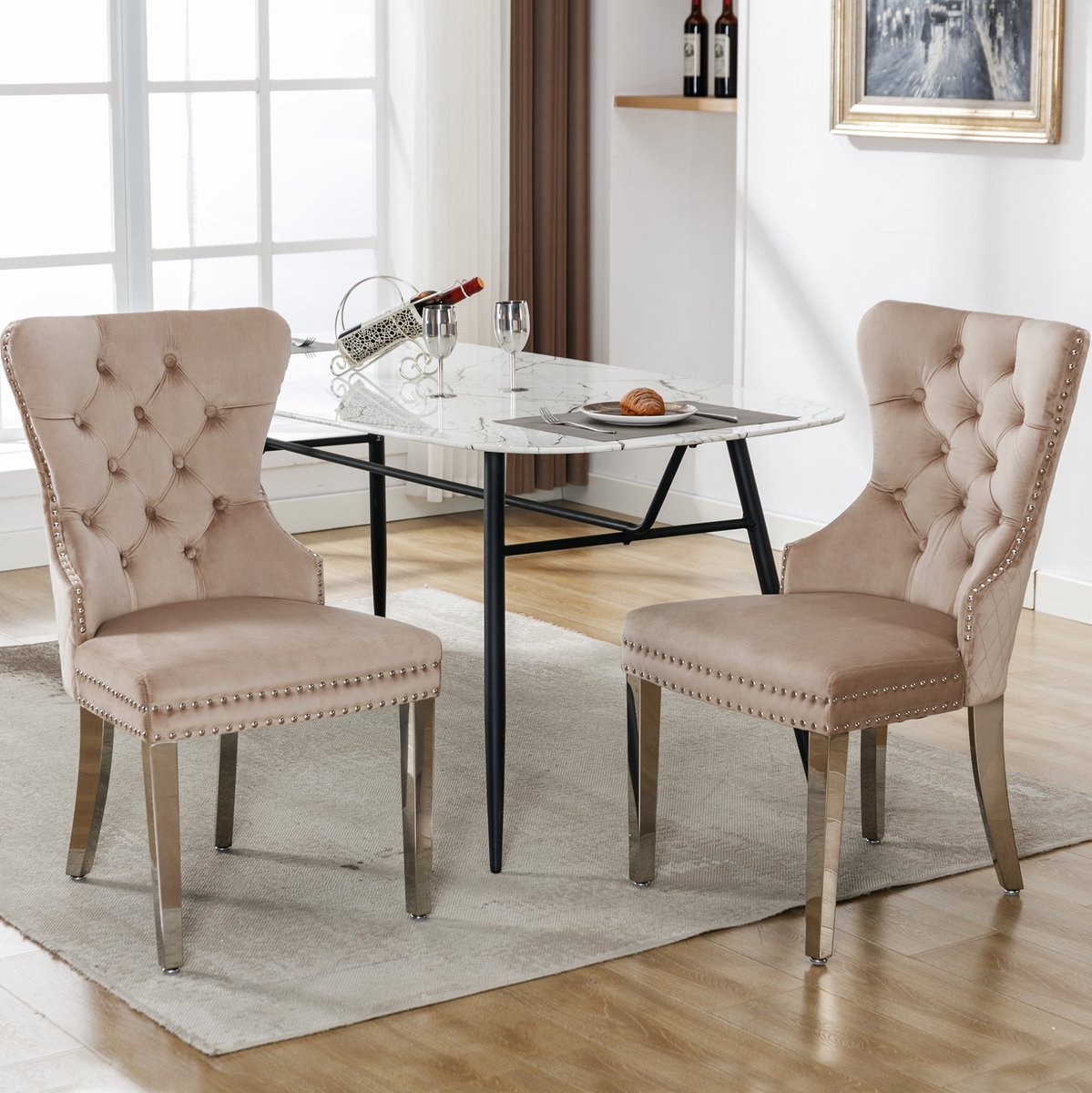 DESMIU Eetkamerstoel Set Van 2 - Gestoffeerd Met Knopen En Metalen Poten - Voor Eetkamer En Woonkamer - Velvet Beige