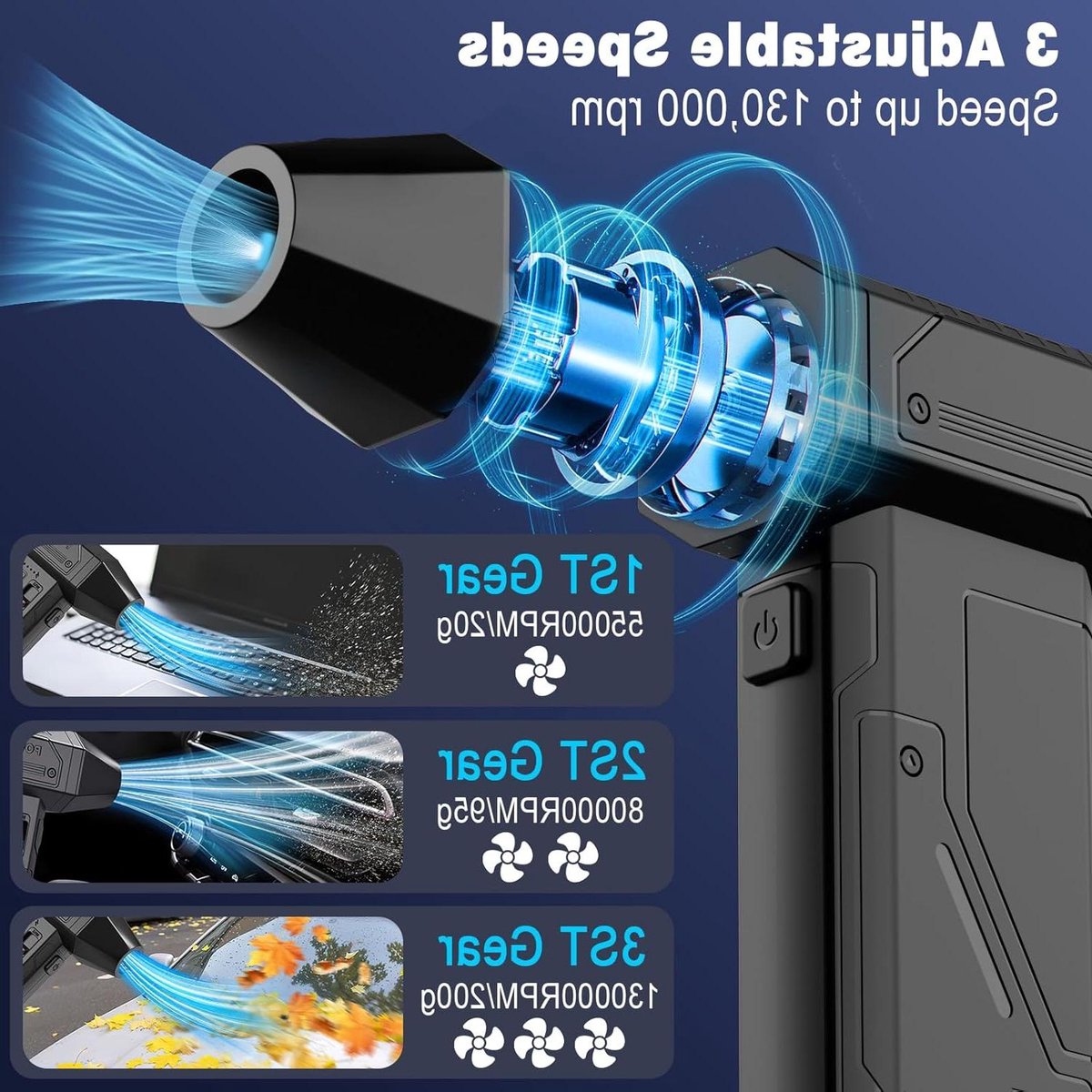 Elektrische Bladblazer - Perslucht Reiniger - Stof Verwijderen - 3 Snelheden LED - 8000 mAh Batterij - Zwart