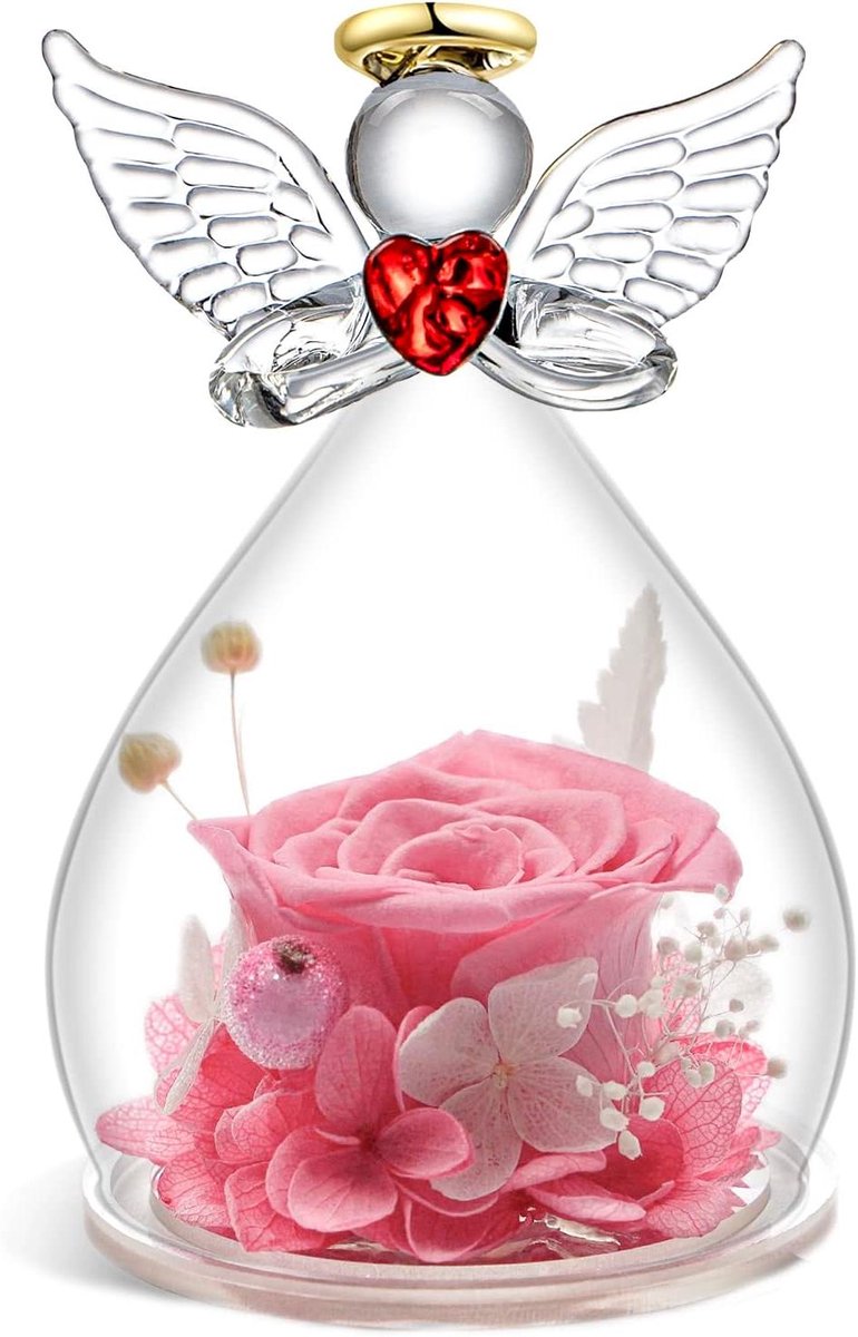 Eeuwige Roos - Glazen Engel - Cadeau Geven - Handgemaakt Conservering - 7 x 7 x 10.5 cm - Rood