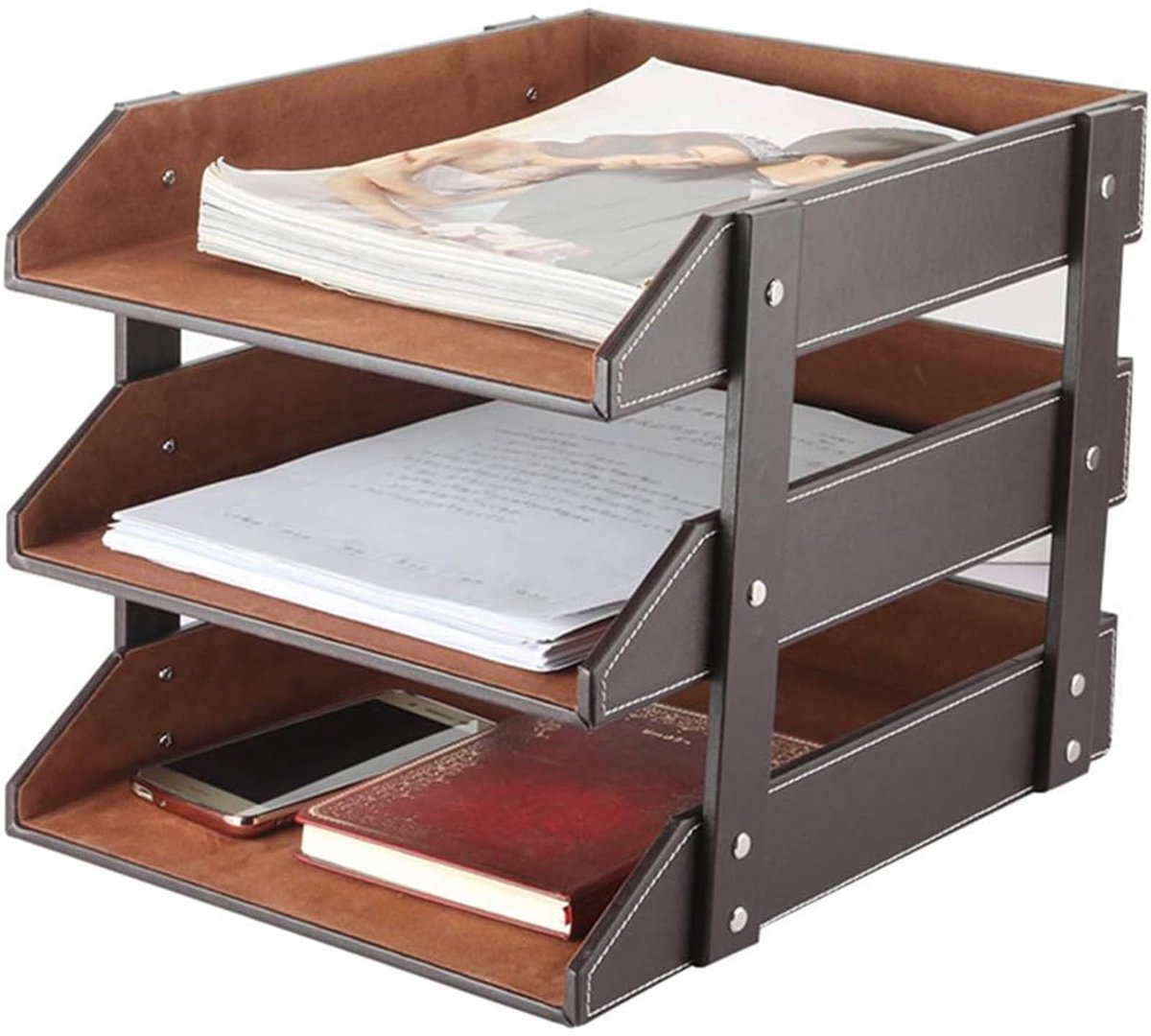 Brievenbakje, bureau-organizer, brievenbakjes en stapelsystemen voor het bureau, A4, stapelbare opbergvakken voor brieven, papierhouders, postmanden, tijdschriften, 3 kamers, bruin