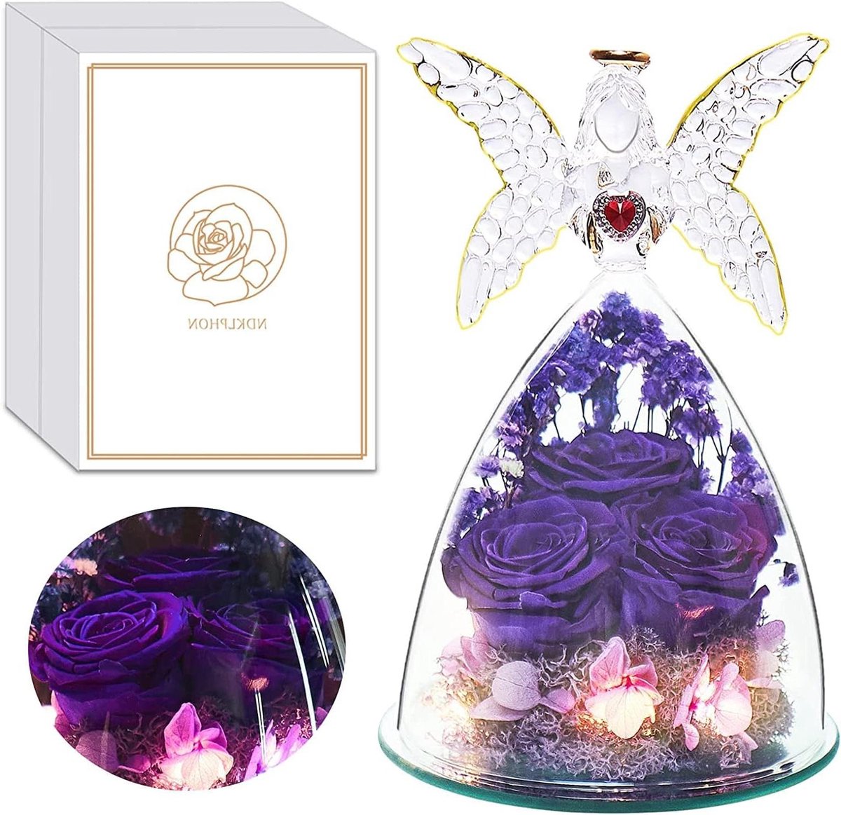 Eeuwige Roos Engel - Gepreserveerde Bloem - Decoratie Kamer - Met LED Verlichting - 11 x 11 x 17 cm