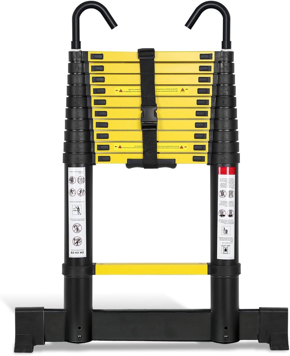 Telescopische Ladder - Uitschuifbare Ladder Inklapbare Ladder - Huishoudelijk Onderhoud - Met Afneembare Haken - 32 Meter - Zwart