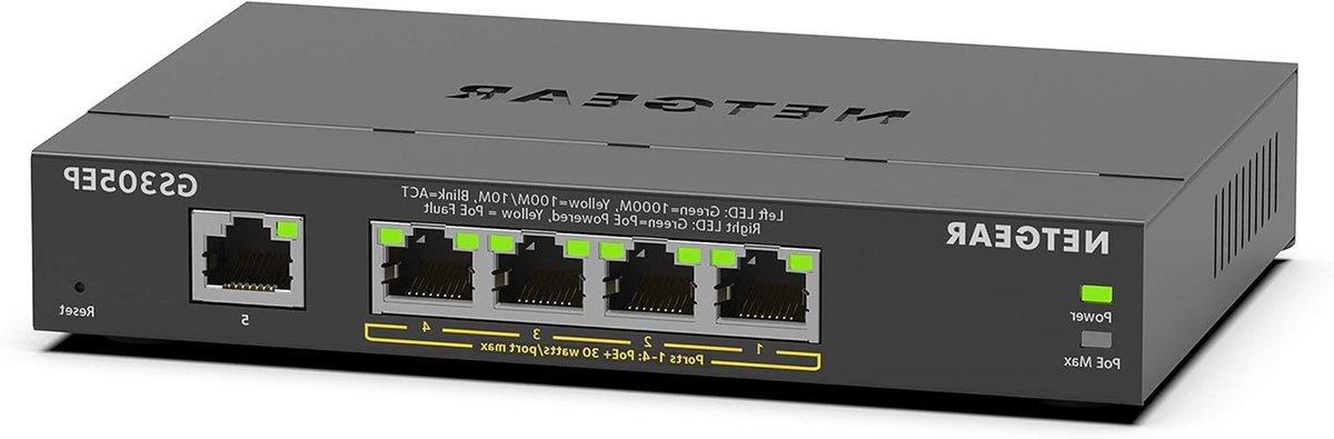 Gigabit Ethernet Switch - Netwerk Switch PoE Switch - Netwerk Uitbreiden - 4 PoE+ Poorten - 5 Poorten - Zwart