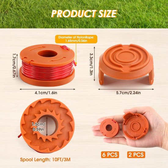 Grasmaaier spoelen - 6 spoelen + 2 hoes - Maaidraadhaspels - trimmerdraad - Geschikt voor WORX grasmaaiers - 1,65 mm diameter, 3 m lengte van Merkloos	 — afbeelding 2