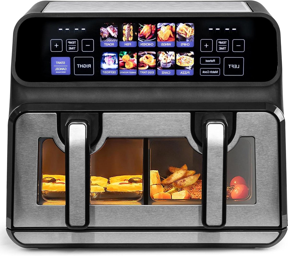 Heteluchtfriteuse Dubbele Kamer - Airfryer Duo Mand - Gezond Koken - Twee Onafhankelijke Manden - 9 Liter - Zilver