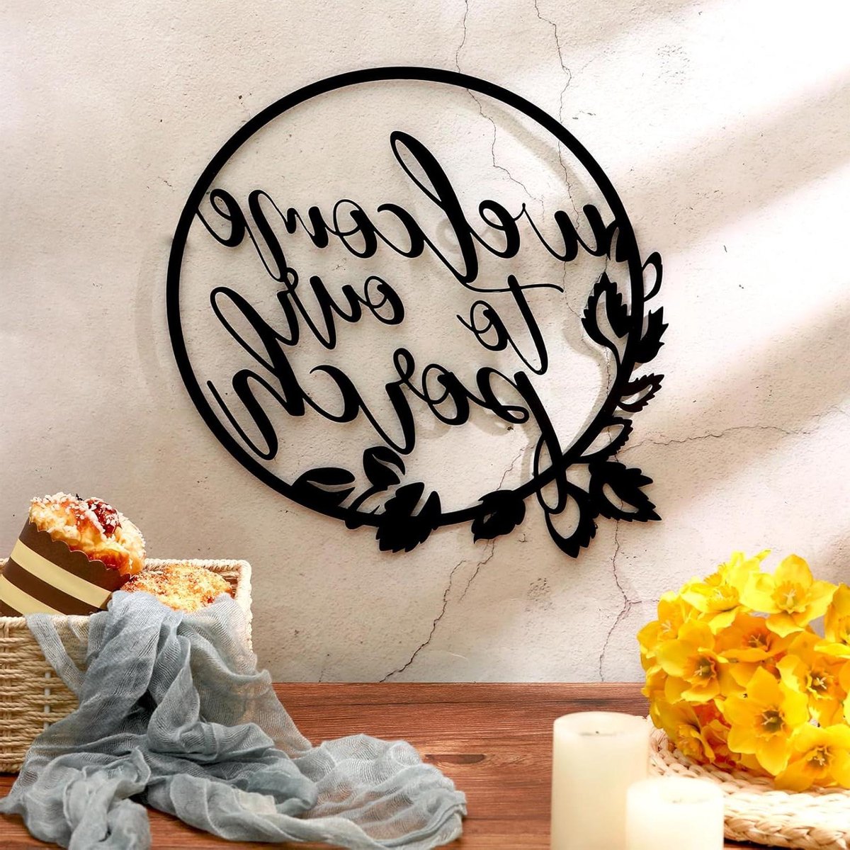 Metalen Welkom Bord - Wanddecoratie Metaal - Veranda Decoratie - Ronde Vorm - 30 cm Diameter - Zwart