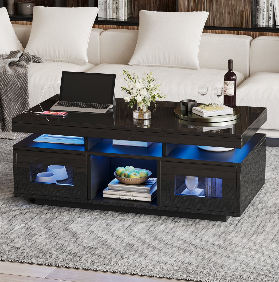 HAUSS SPOLE Salontafel - Hoogglans Met Led En Opbergruimte - Voor Woonkamer Slaapkamer Of Werkkamer - Hout - 100x50x43 Cm - Zwart