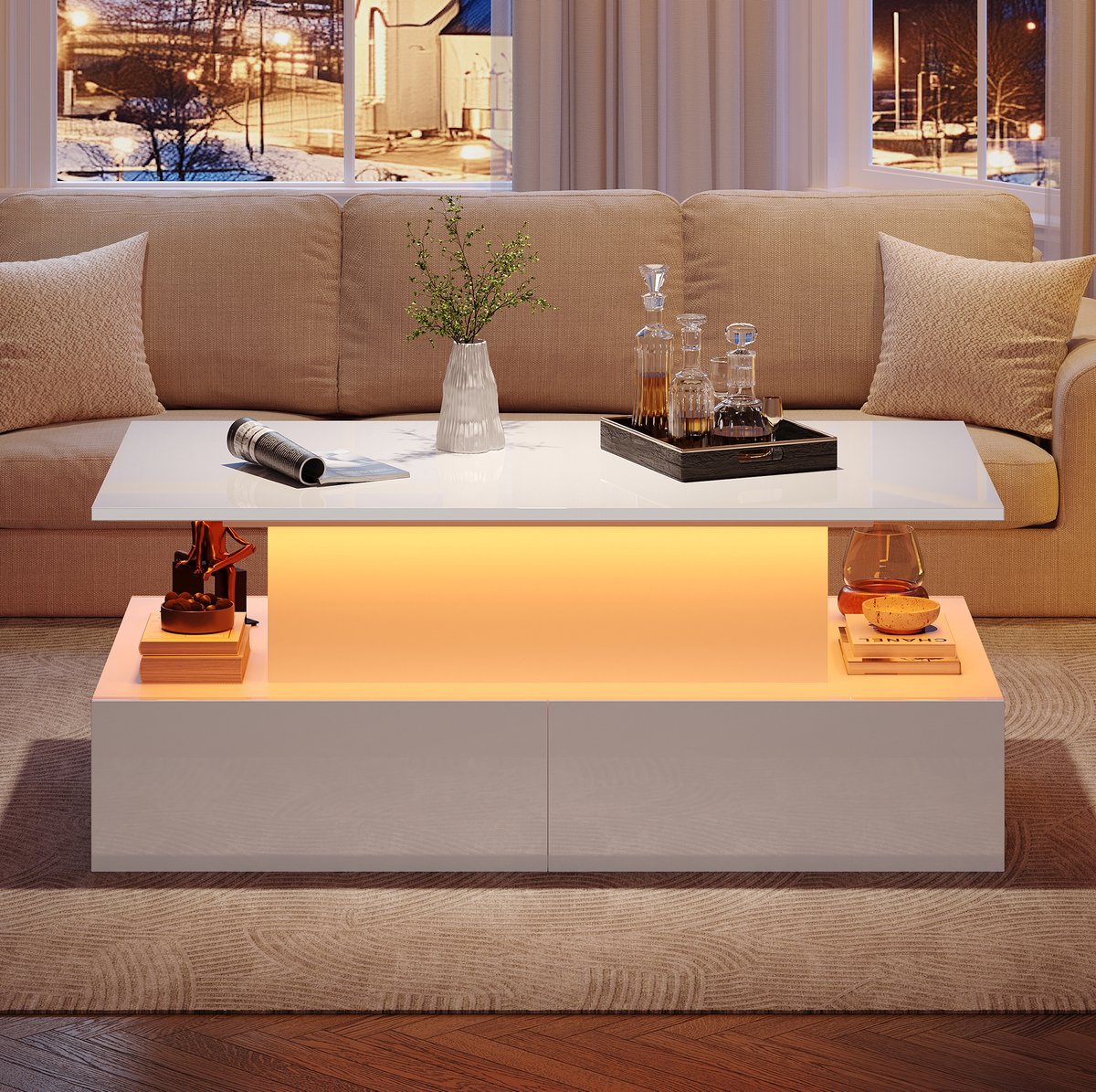 HAUSS SPOLE Salontafel - Hoogglans Met Ledverlichting En 4 Lades - Uitschuifbaar Voor Woonkamer En Leeshoek - Spaanplaat - 90x55x41 Cm - Wit