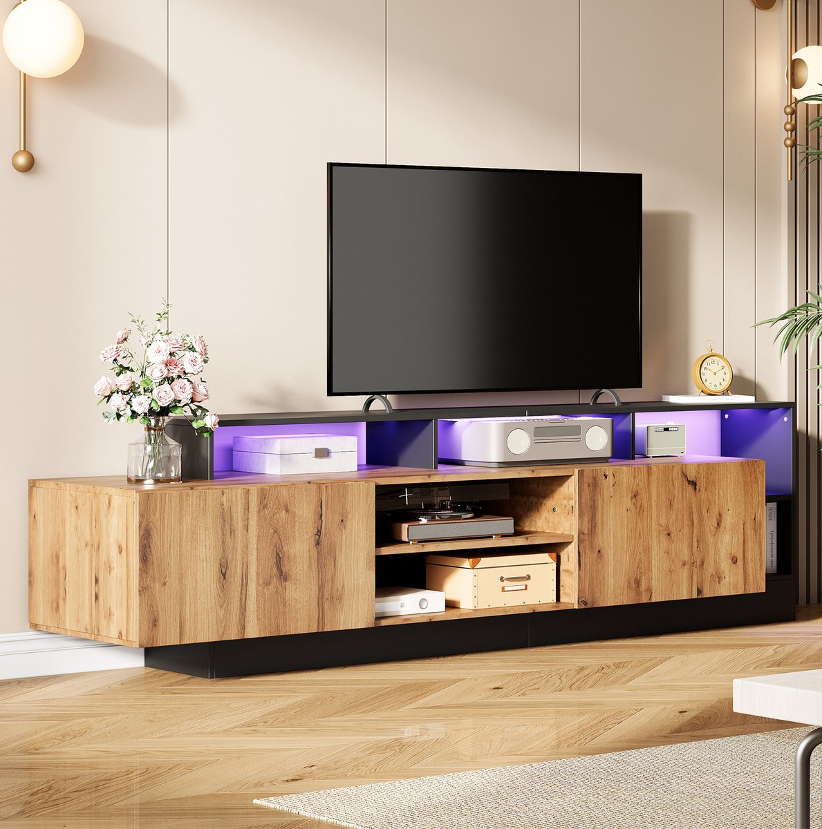 HAUSS SPOLE Halmeubel - Tv Meubel Met Ledverlichting En Open Opbergruimte - Voor Woonkamer En Slaapkamer - Spaanplaat - 190x40x48,5 Cm - Eiken En Zwart