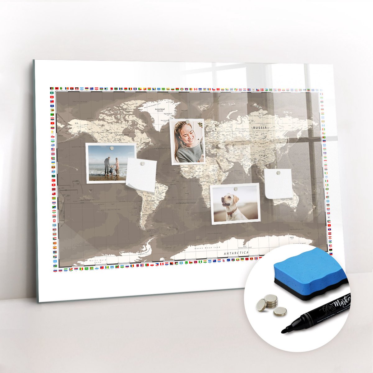 Tulup Whitebord - Bruine wereldkaart - 100 x 70 cm - Bruin Magneetbord Keuken - Gratis 5 Sterke Magneten + Whiteboard Marker & Wisser - Interieur Accessoires Kantoor - Magnetic Board - Ideeënbord Thuiswerkplek
