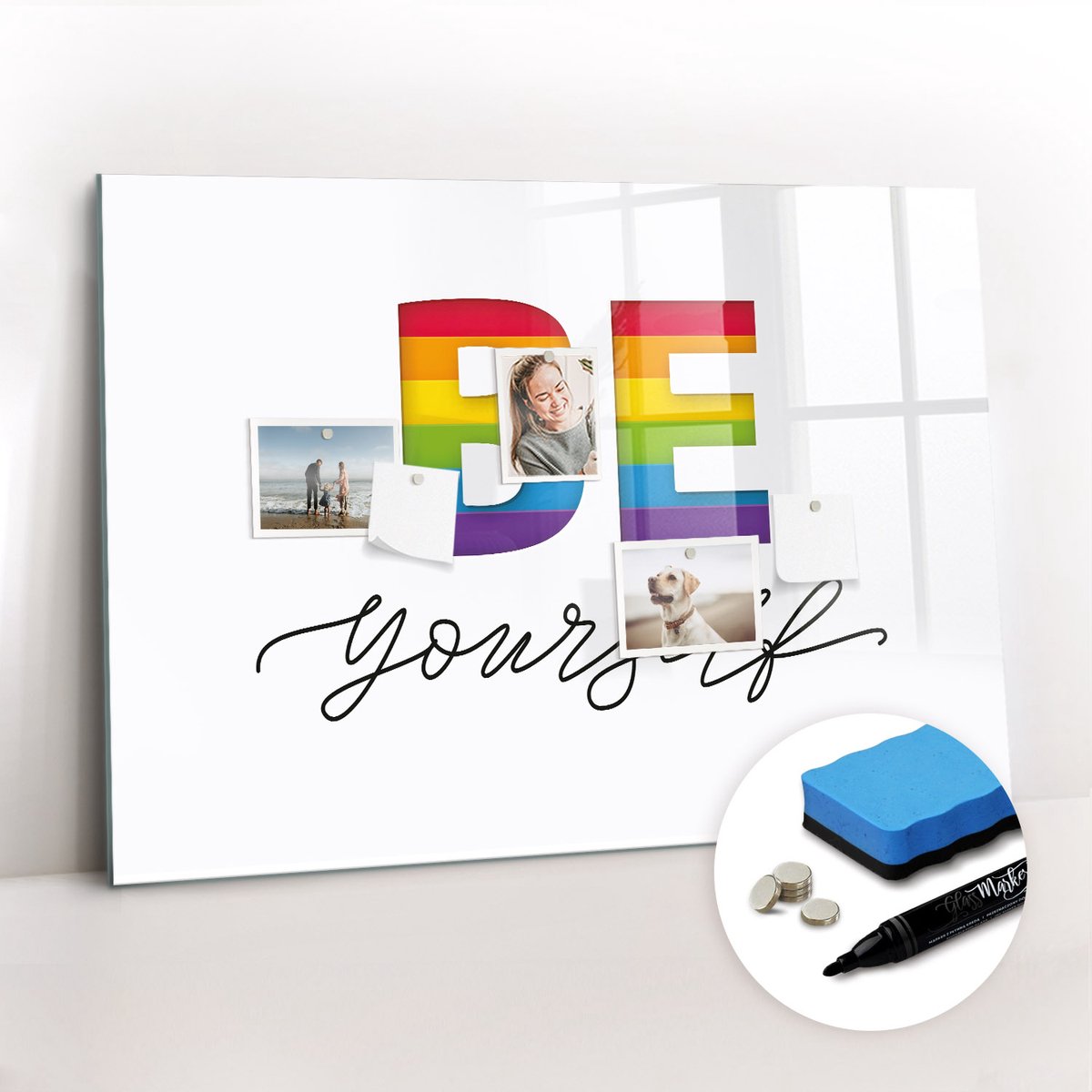 Tulup Whitebord - Het opschrift luidt: wees elke dag jezelf. - 100 x 70 cm - Veelkleurig Magneetbord Foto - Gratis 5 Sterke Magneten + Whiteboard Marker & Wisser - Moderne Wanddecoratie - Magneetbord Keuken - Notitiebord Werkplek