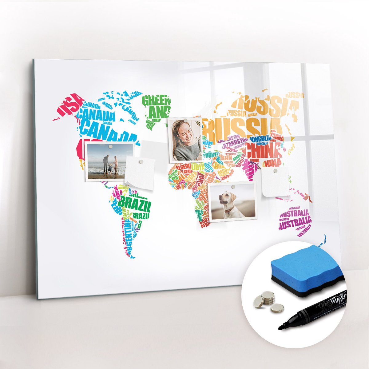 Tulup Whitebord - Kleurrijke landnamen - 100 x 70 cm - Veelkleurig Memobord Magnetisch - Inclusief Gratis Magneten & Marker & Spons - Design Memobord - Magneetbord Design - Inspiratiebord Kantoor