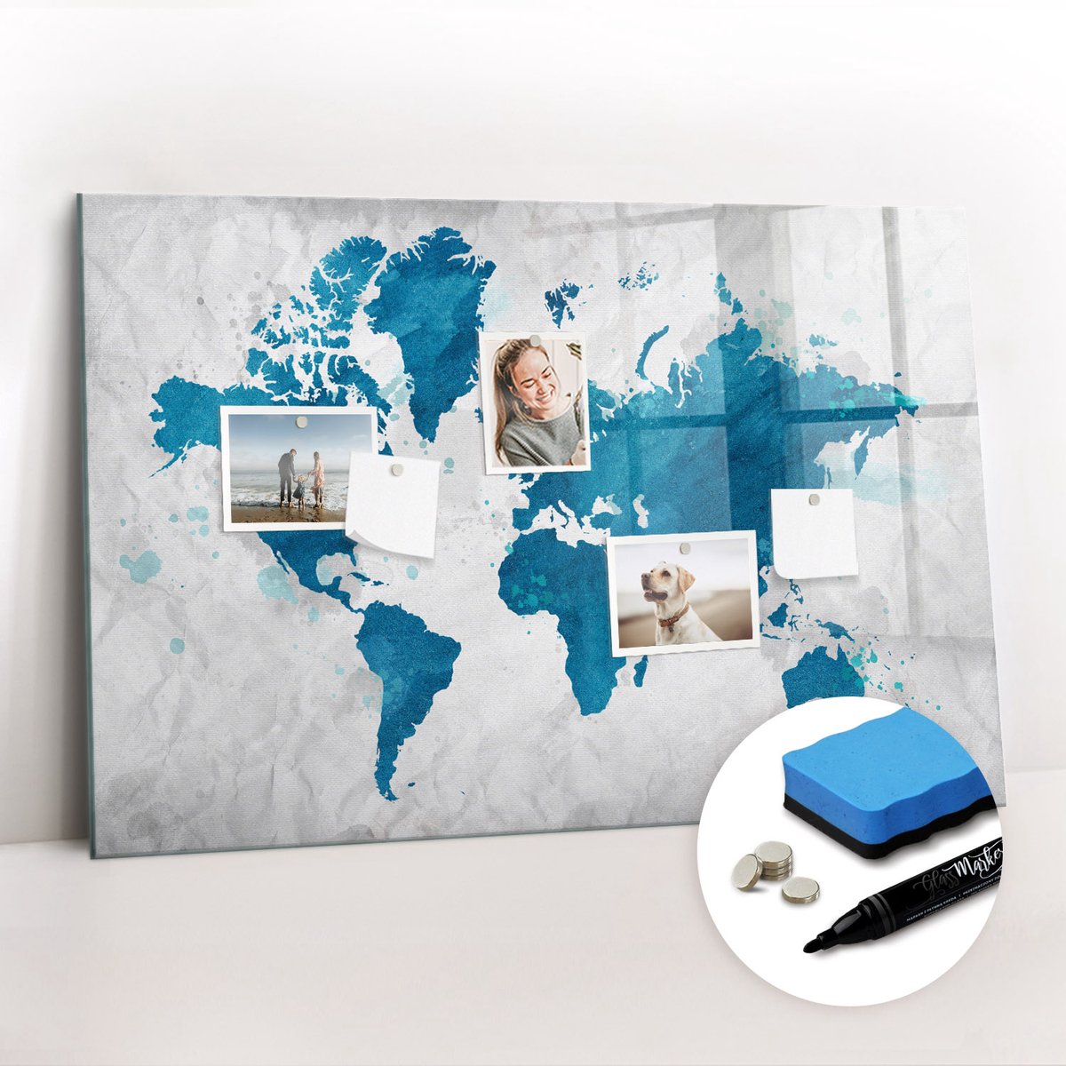 Tulup Whitebord - Wandatlas van de wereld - 90 x 60 cm - Blauw Magnetisch Memobord - Gratis 5 Sterke Magneten + Whiteboard Marker & Wisser - Organizer Muur - Magnetic Board - Planning Muur