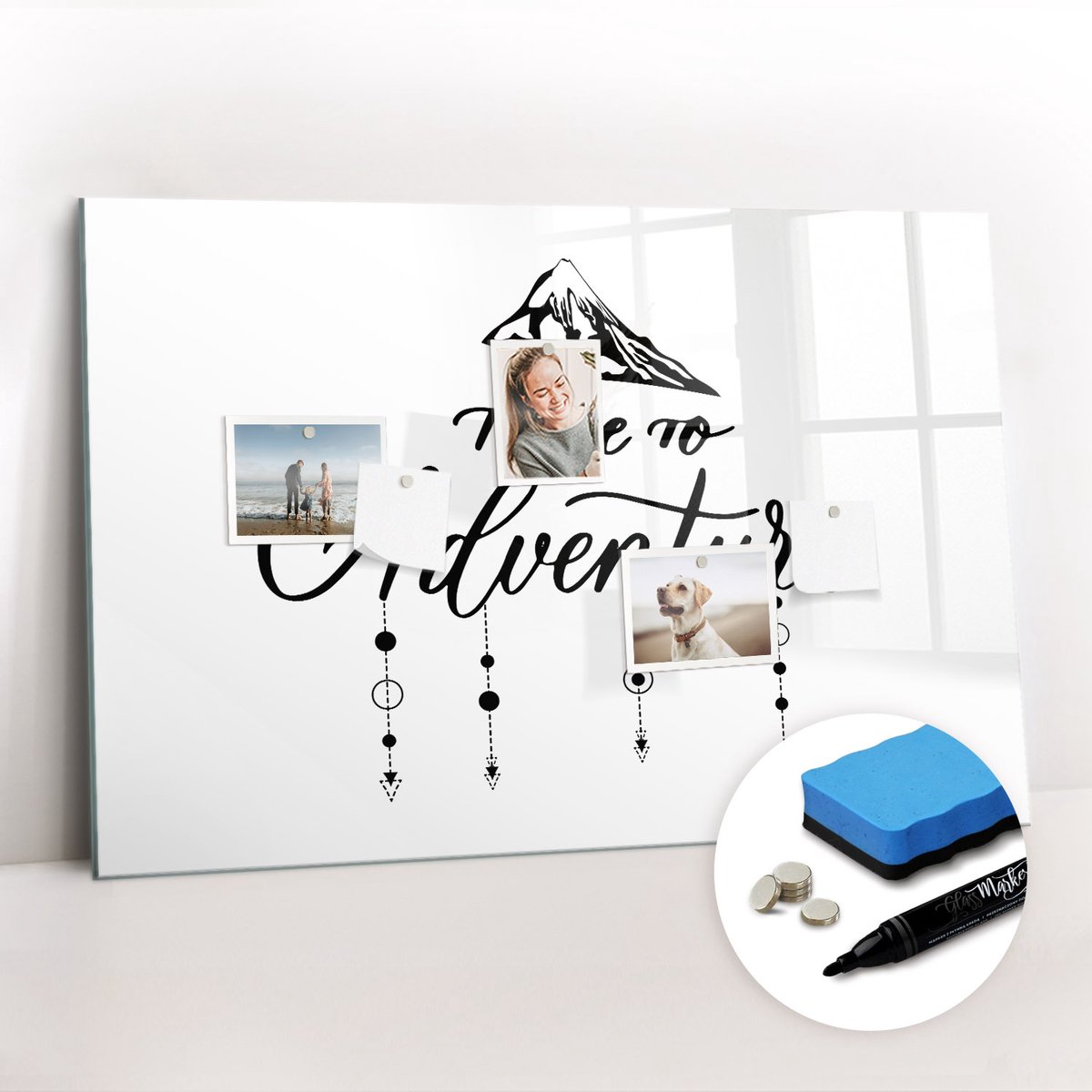 Tulup Whitebord - Avontuurlijk toerisme - 90 x 60 cm - Wit Metalen magneetborden met lijst - Gratis 5 Sterke Magneten + Whiteboard Marker & Wisser - Stylish Memo Board - Magnetisch Bord - Planning Muur
