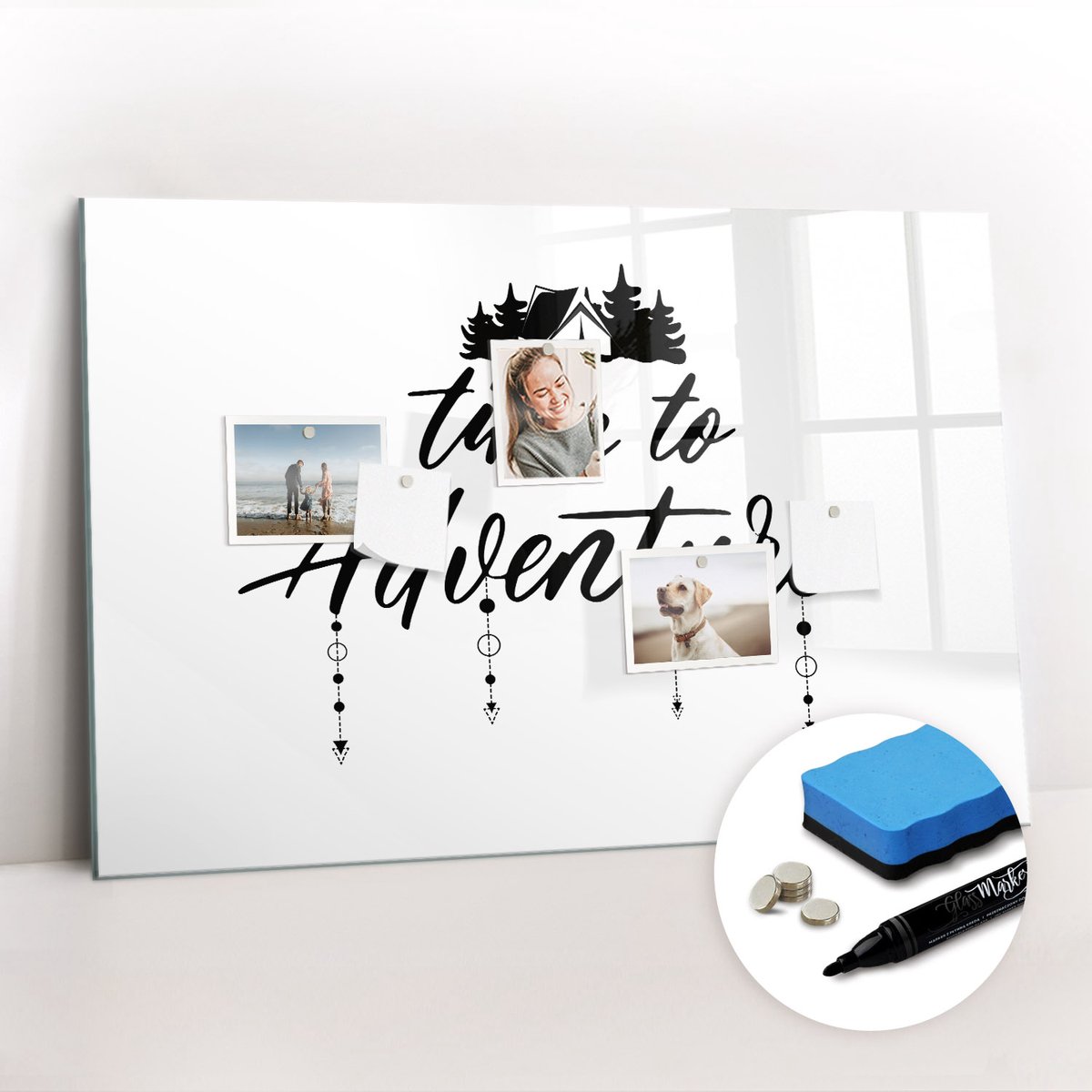 Tulup Whitebord - Tijd voor avontuur - 90 x 60 cm - Wit Decoratieve magneetborden met print - Gratis 5 Sterke Magneten + Whiteboard Marker & Wisser - Interieur Accessoires Kantoor - Magnet Board - Inspiratiebord Kantoor