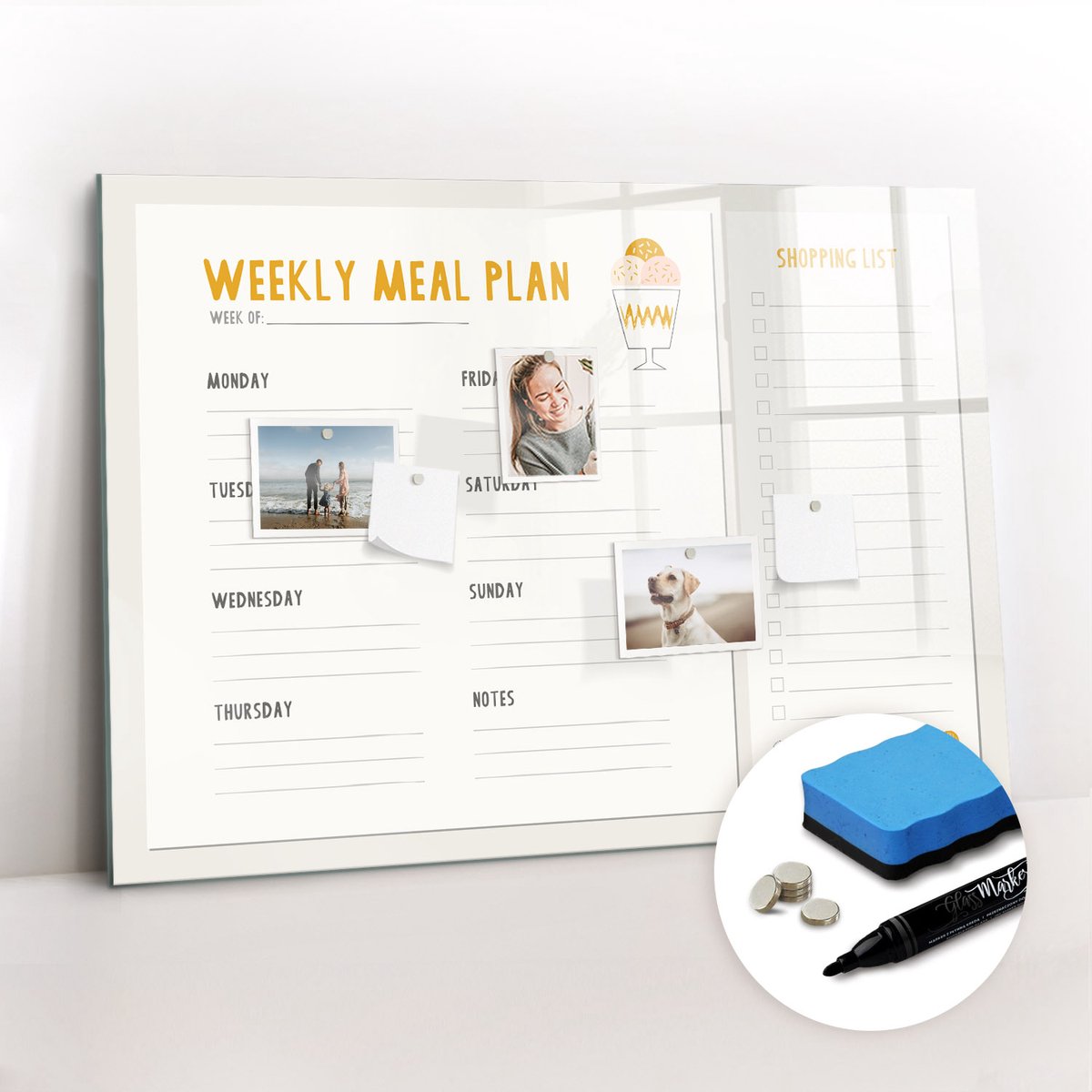Tulup Whitebord - Maaltijdschema - 100 x 70 cm - Geel Memobord Glas - Gratis 5 Sterke Magneten + Whiteboard Marker & Wisser - Minimalistisch Prikbord - Magnetisch Memobord - Organiseer Je Bureau
