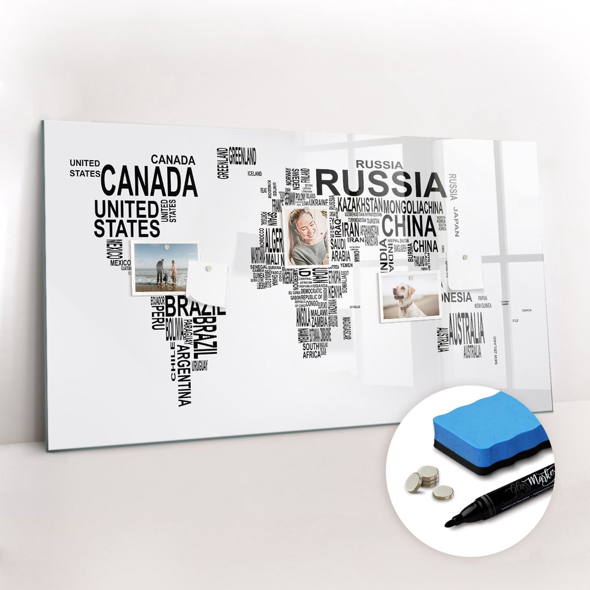 Tulup Whitebord - Continenten gemaakt van letters - 120 x 60 cm - Grijs Magneetbord Design - Gratis 5 Sterke Magneten + Whiteboard Marker & Wisser - Minimalistisch Prikbord - Memo Magneetbord - Planning Muur