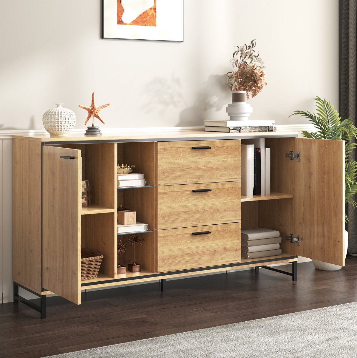 HAUSS SPOLE Dressoir - Met 3 Lades En LED Verlichting - Opbergkast Voor Woonkamer En Eethoek - Plaatmateriaal - 160x40x85 Cm - Naturel Zwart