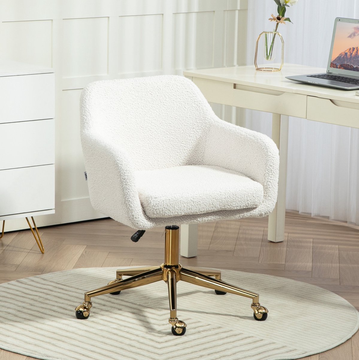 MEUNIQ bureaustoel hoogteverstelbaar en draaibaar met vaste armleuningen en nylon wielen, zithoogte 49,5-58,5 cm, 60 x 61 x 79-88 cm, crèmewit