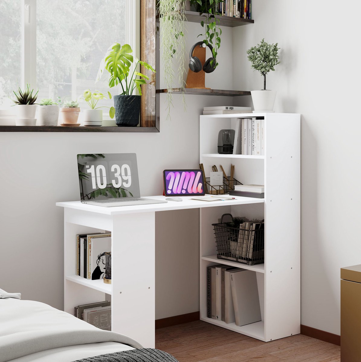 MEUNIQ bureau met opbergrek 120 x 55 x 120 cm met 4 planken, bovenrek en 2 open vakken, computerbureau en laptopbureau voor kantoor of home office, wit