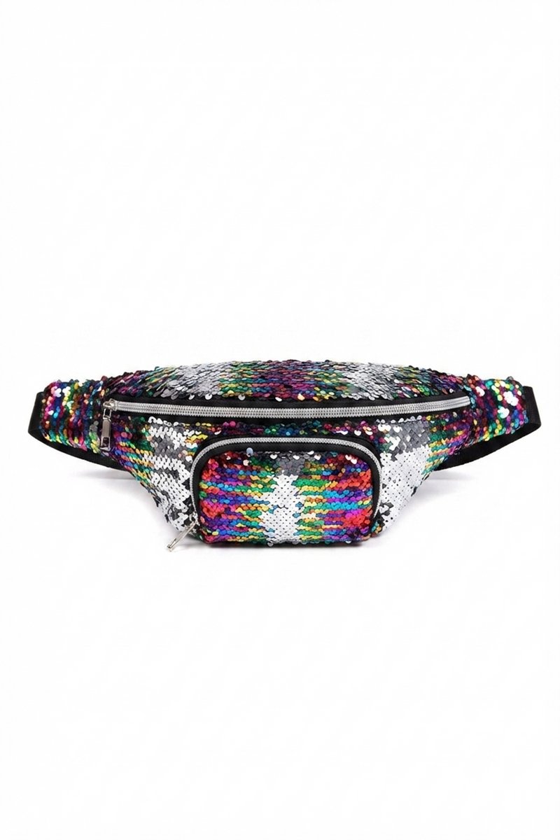 KIMU® Pailletten Heuptasje Regenboog Pailletten - Gekleurde Heuptas met Voorvakje - Crossbody Tasje Fanny Pack Tas Zilver Sequin Glitter Festival